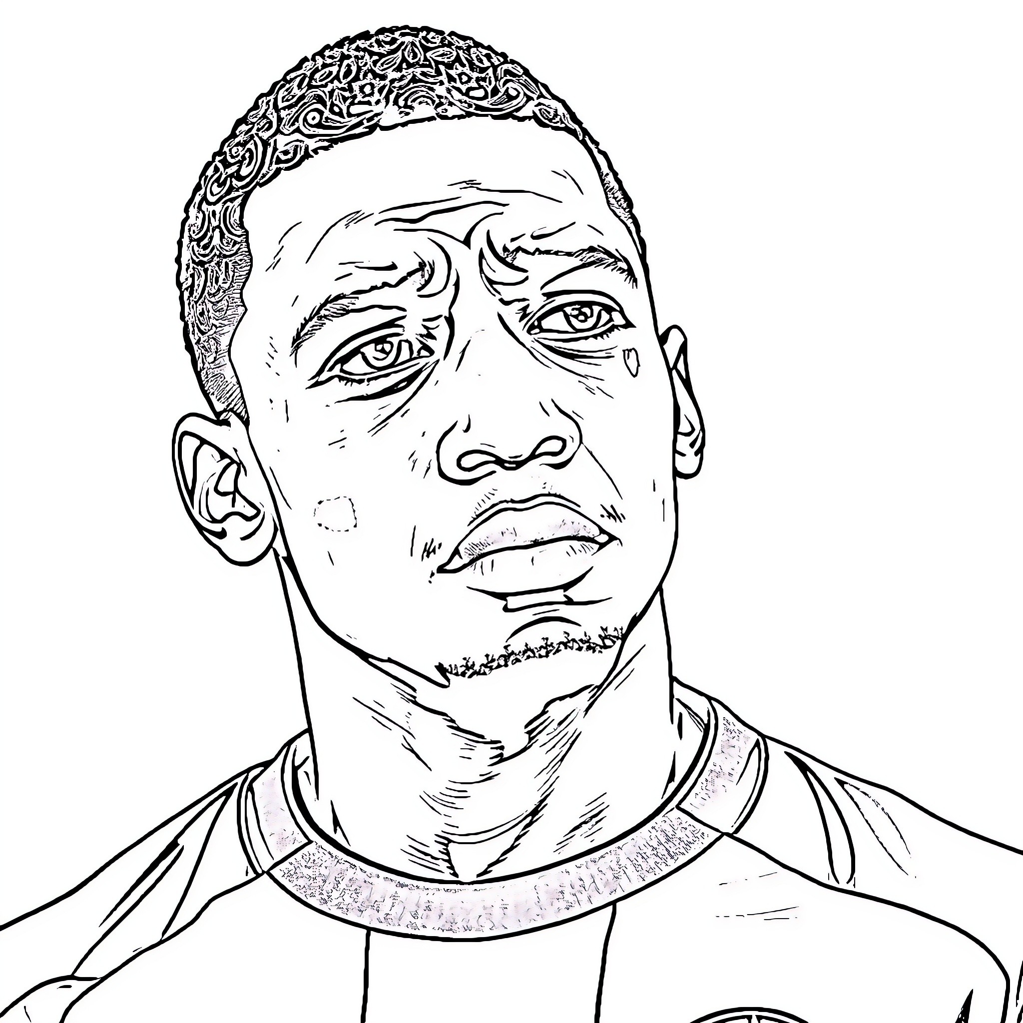 Mbappe's Focused Expression in Monochrome Illustration Coloring Page (free black-and-white line drawing printable PDF for all, from beginners to advanced learners, including children, teens, adults, and seniors)