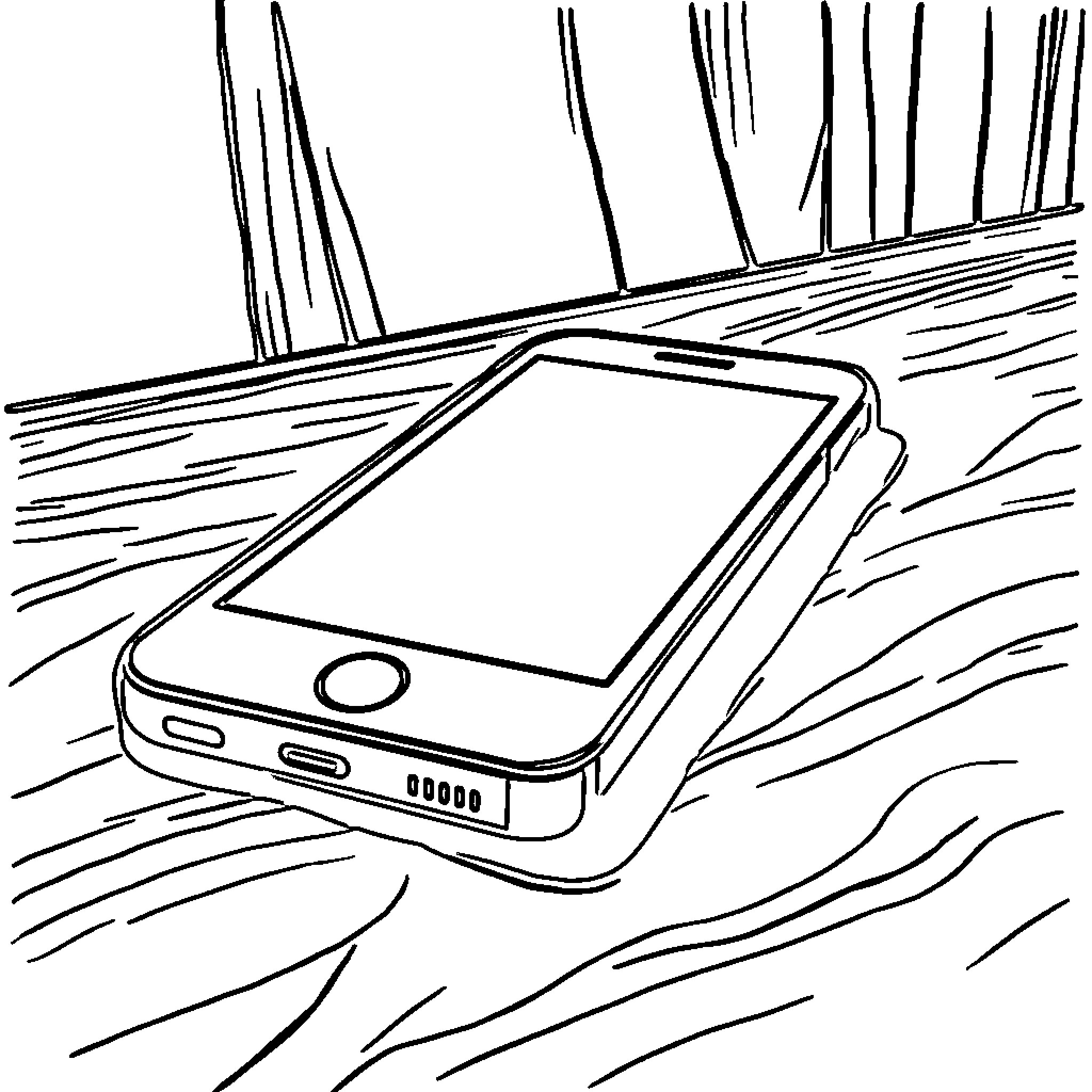 iPhone in a Stylized Abstract Landscape Coloring Page (free black-and-white line drawing printable PDF for all, from beginners to advanced learners, including children, teens, adults, and seniors)