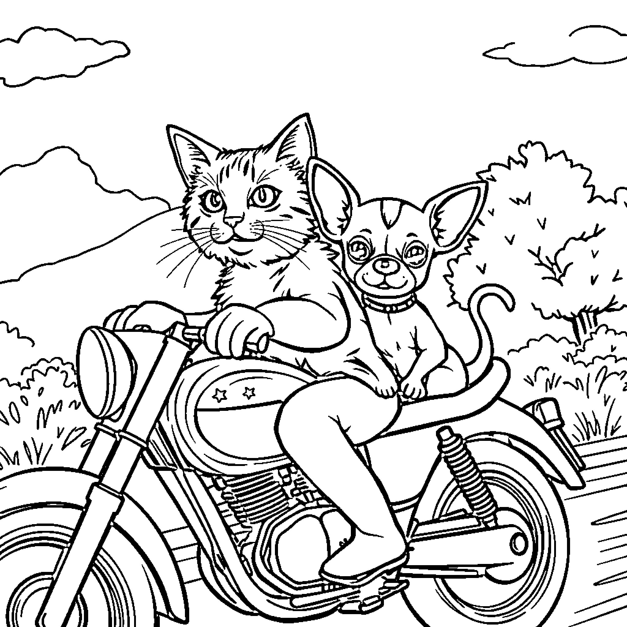 Cat and dog riding motorcycle in nature Coloring Page (free black-and-white line drawing printable PDF for all, from beginners to advanced learners, including children, teens, adults, and seniors)