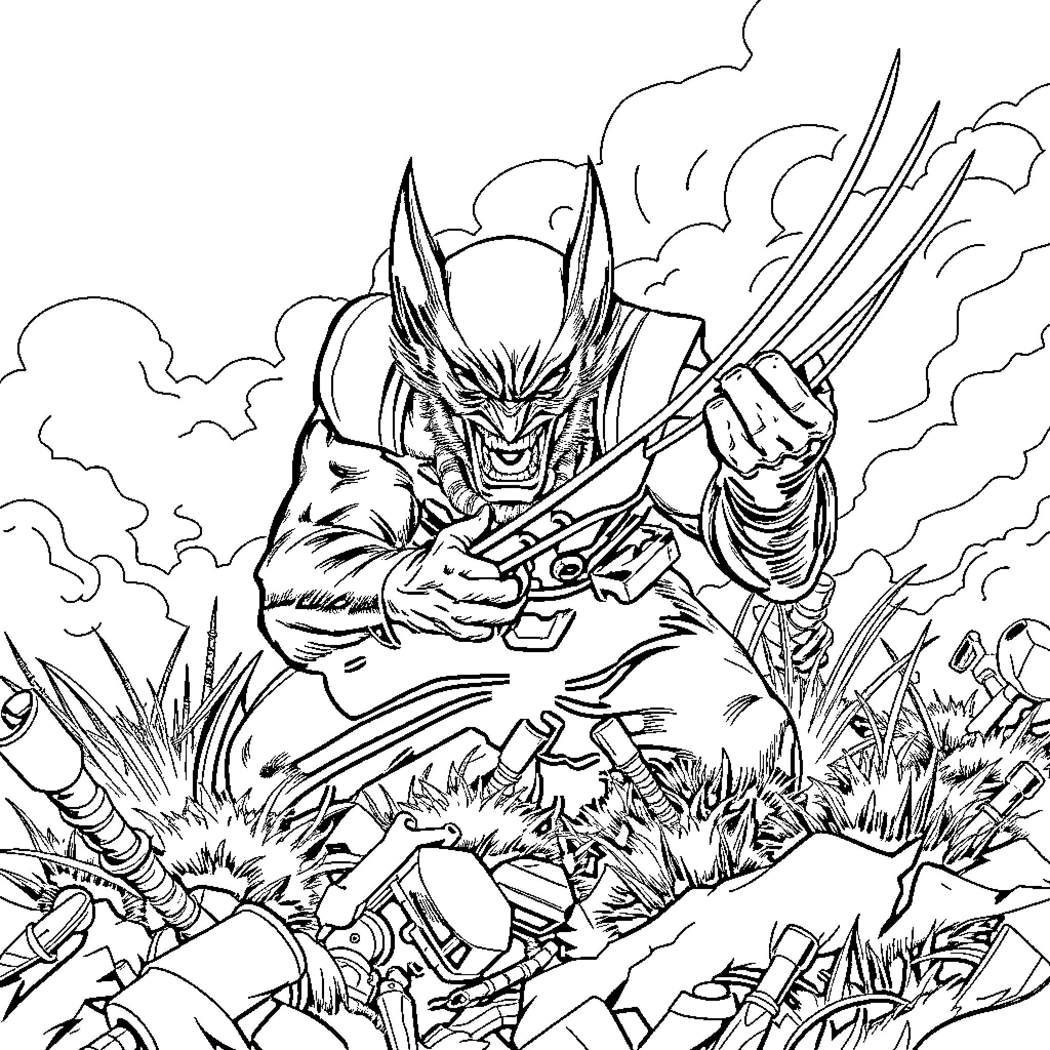 Wolverine unleashes his claws in battle Coloring Page (free black-and-white line drawing printable PDF for all, from beginners to advanced learners, including children, teens, adults, and seniors)