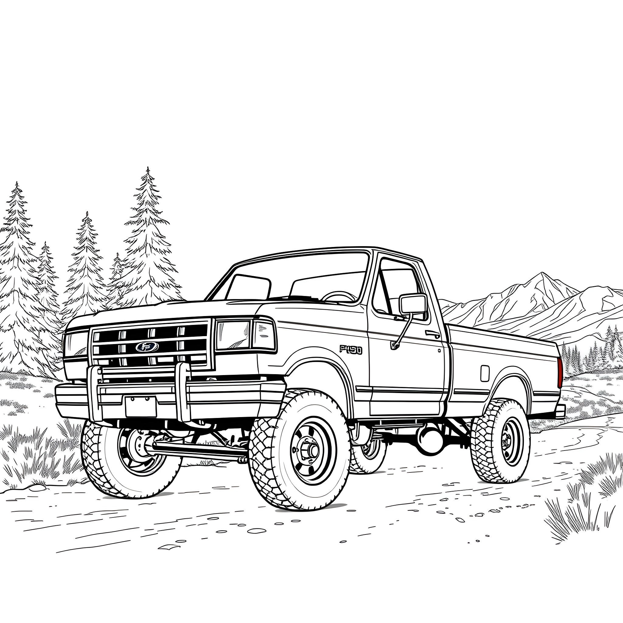 F-250 Truck Navigating Off-Road Terrain Coloring Page (free black-and-white line drawing printable PDF for all, from beginners to advanced learners, including children, teens, adults, and seniors)