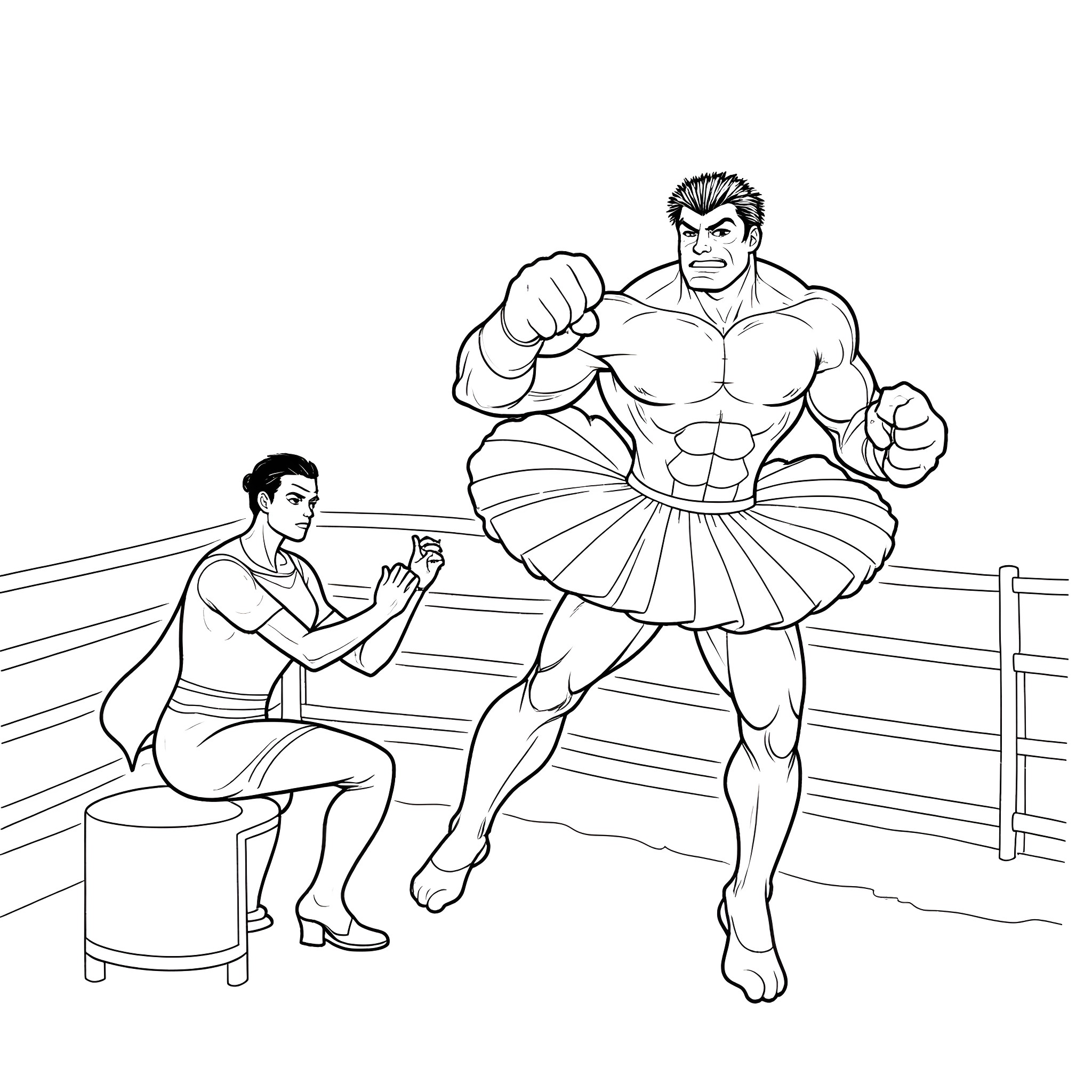 Hulk preparing to fight with a boxer in the ring Coloring Page (free black-and-white line drawing printable PDF for all, from beginners to advanced learners, including children, teens, adults, and seniors)