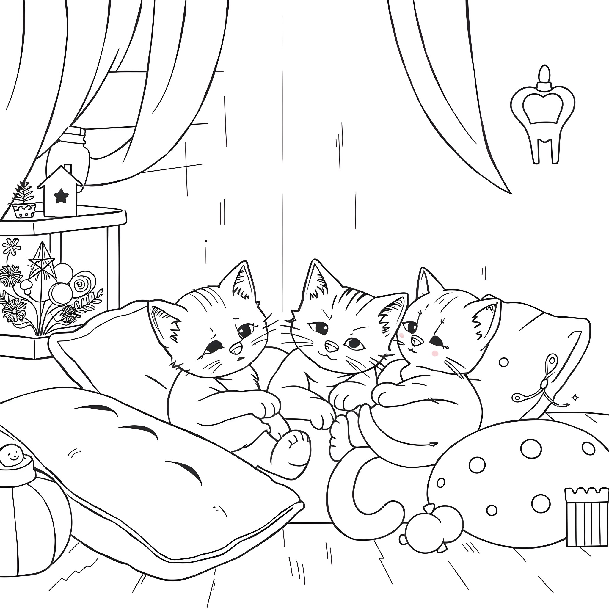 Kitty cats snuggling together on a cozy bed Coloring Page (free black-and-white line drawing printable PDF for all, from beginners to advanced learners, including children, teens, adults, and seniors)