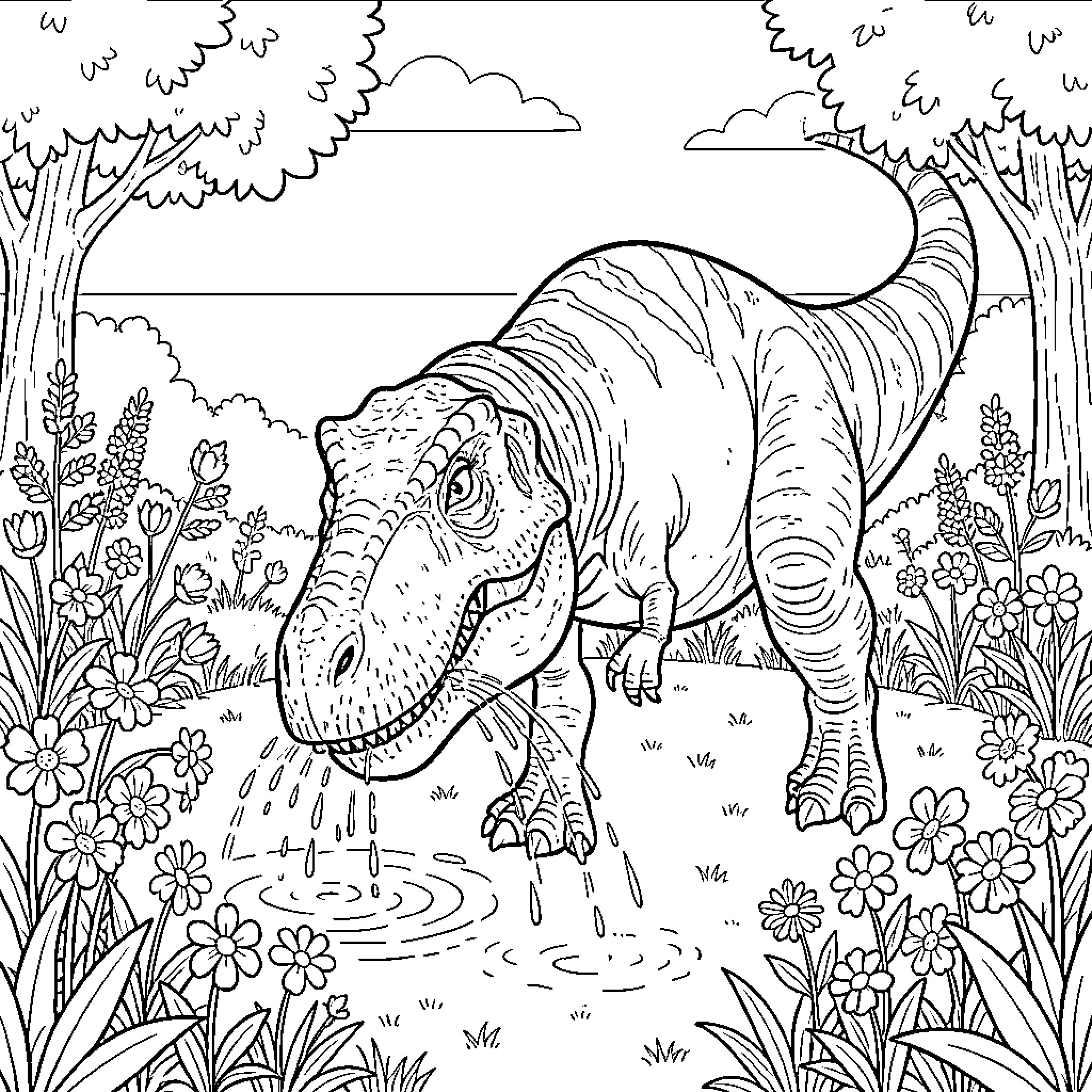 Tyrannosaurus Rex stalking in lush jungle landscape Coloring Page (free black-and-white line drawing printable PDF for all, from beginners to advanced learners, including children, teens, adults, and seniors)