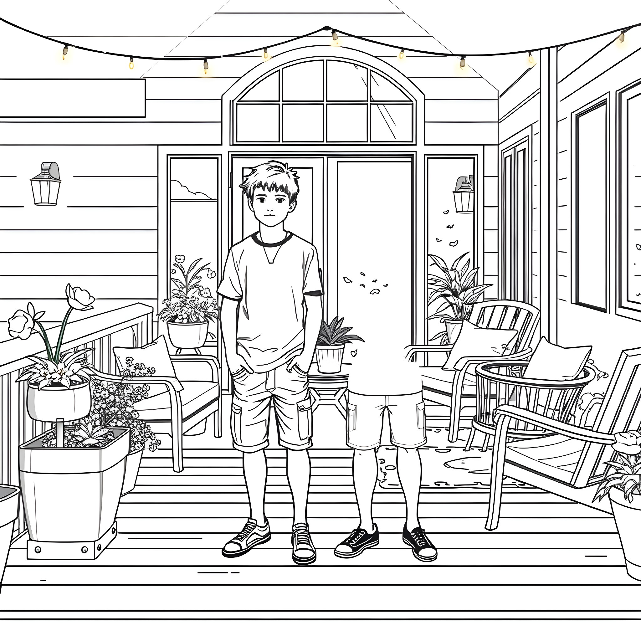 Teen Guy Relaxing on the Porch with Plants Coloring Page (free black-and-white line drawing printable PDF for all, from beginners to advanced learners, including children, teens, adults, and seniors)