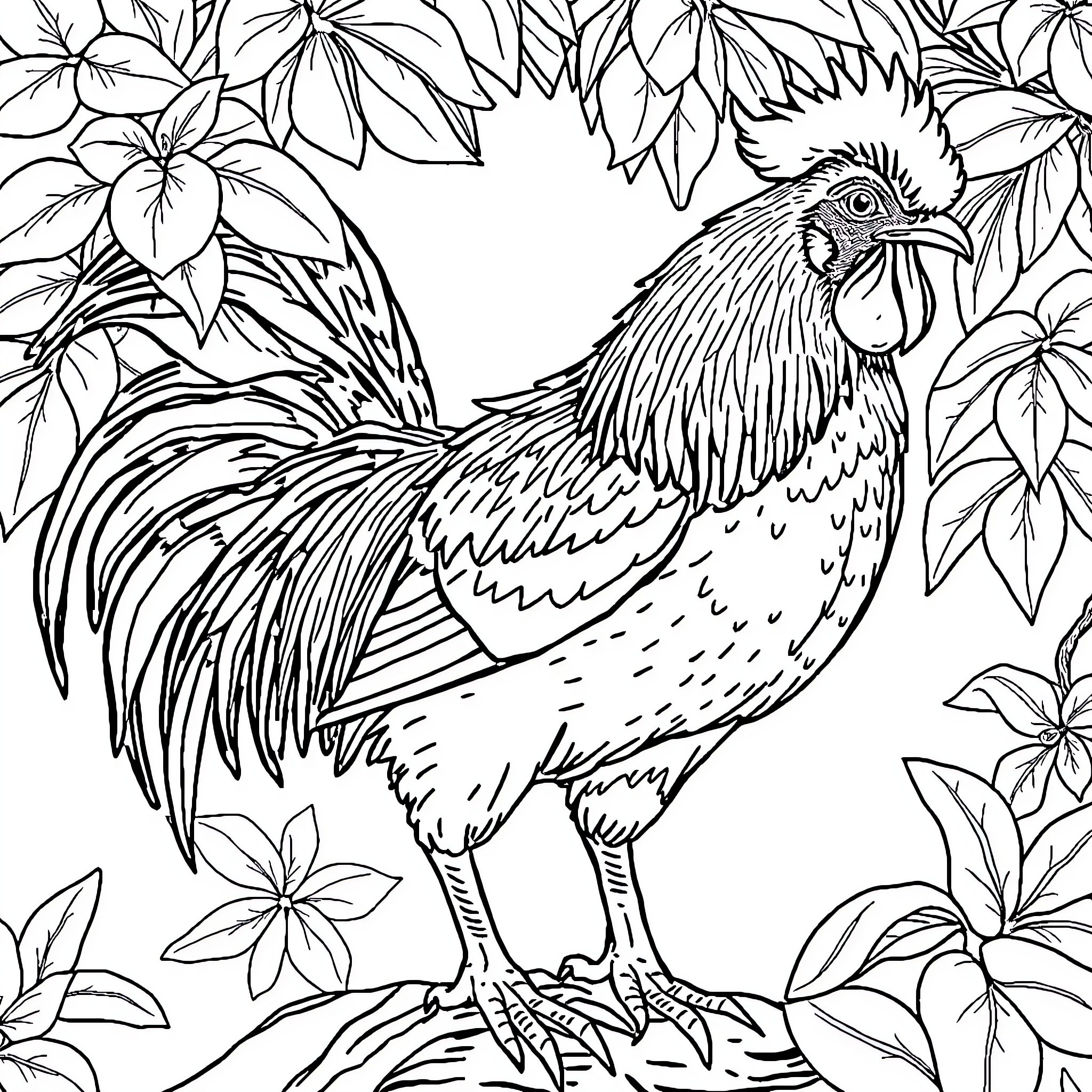 Rooster surrounded by tropical foliage Coloring Page (free black-and-white line drawing printable PDF for all, from beginners to advanced learners, including children, teens, adults, and seniors)