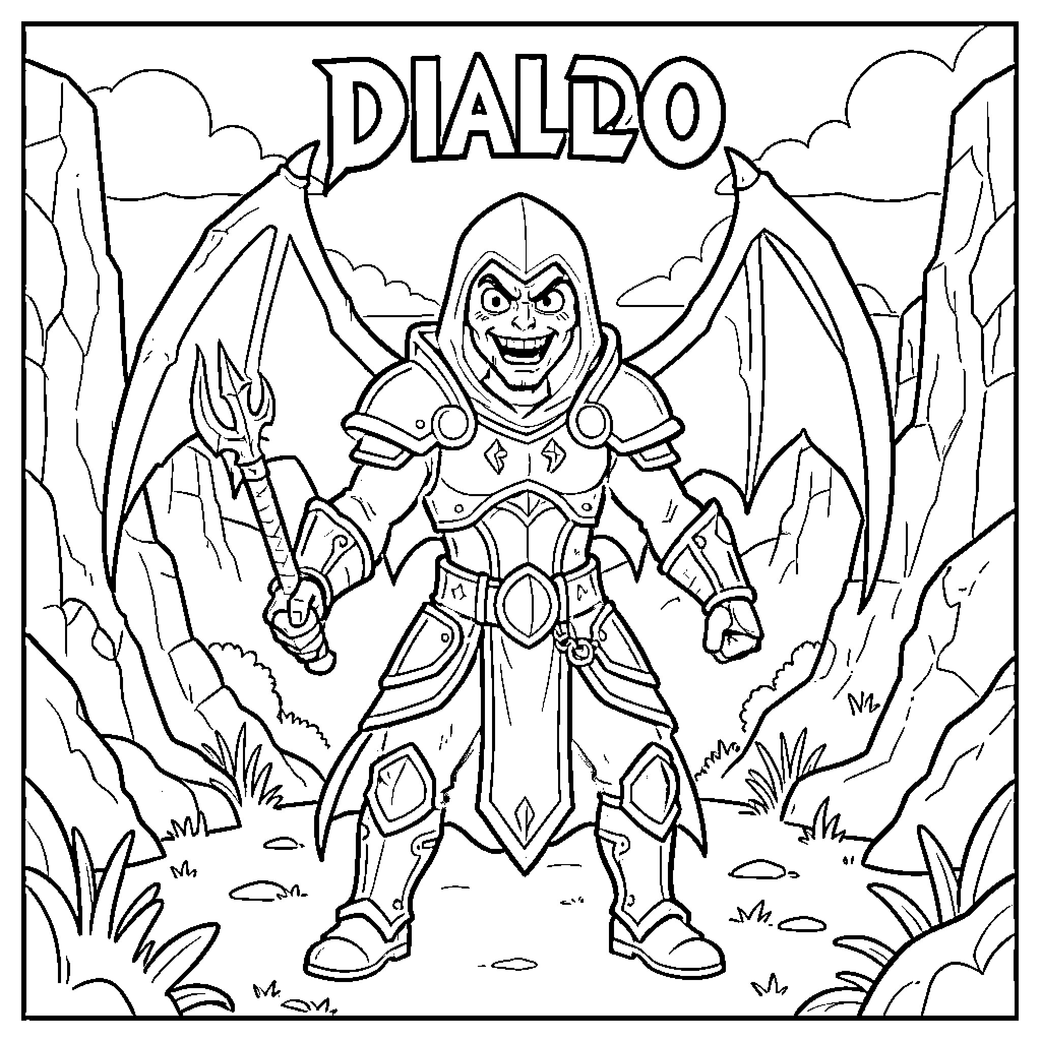 Diablo Warrior Wielding Weapon in Rugged Terrain Coloring Page (free black-and-white line drawing printable PDF for all, from beginners to advanced learners, including children, teens, adults, and seniors)