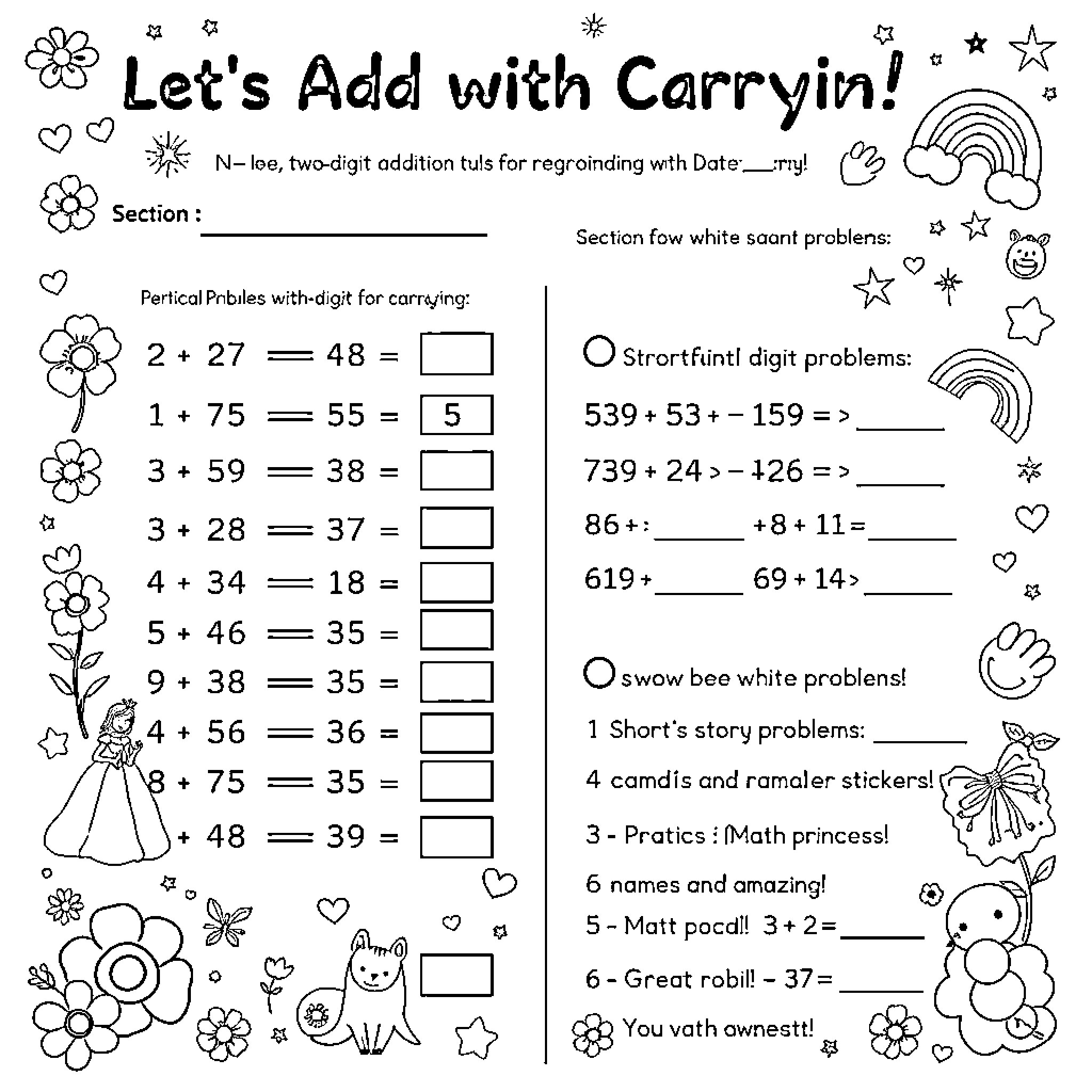 Princess math worksheet with colorful illustrations Coloring Page (free black-and-white line drawing printable PDF for all, from beginners to advanced learners, including children, teens, adults, and seniors)