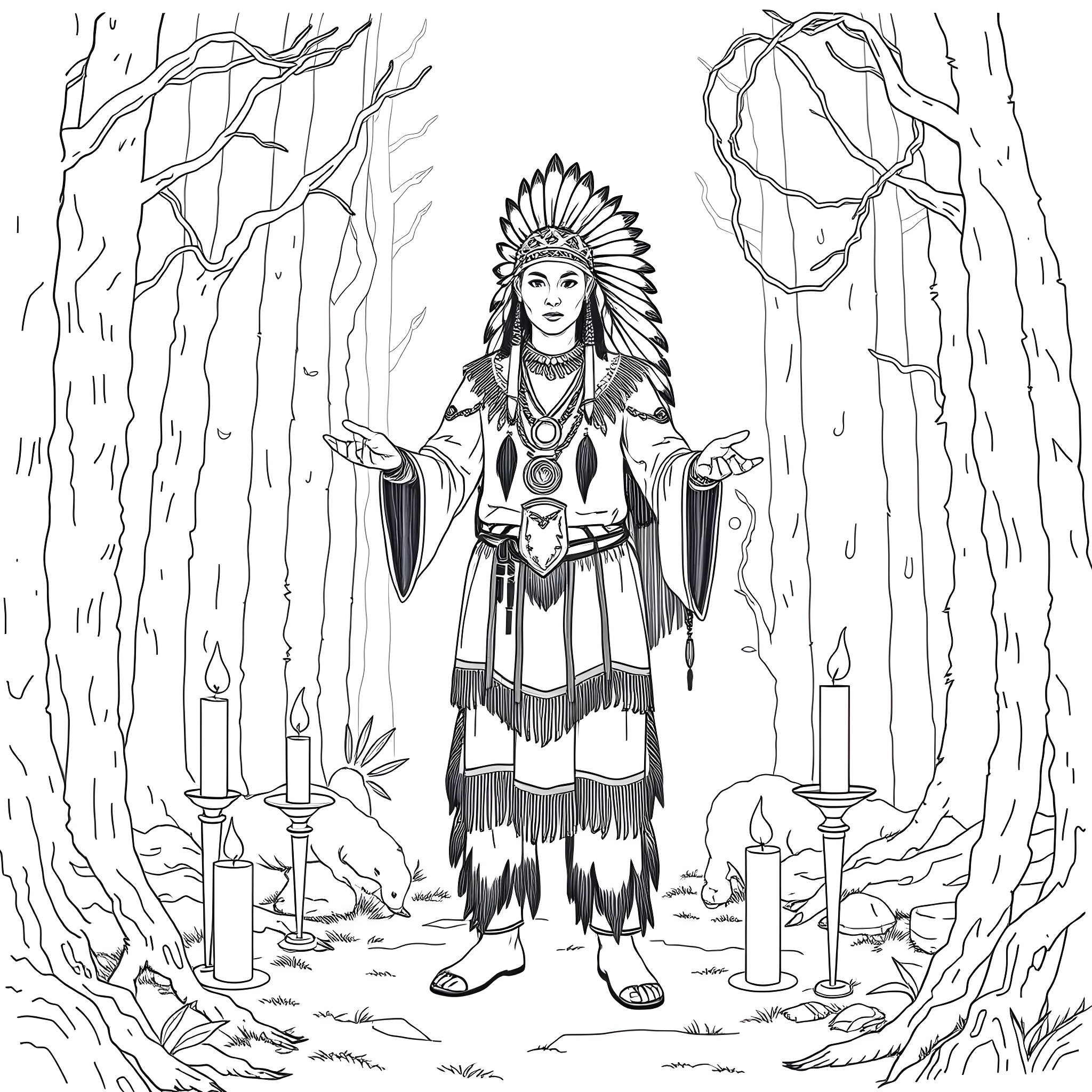 Shaman performing ritual in the forest Coloring Page (free black-and-white line drawing printable PDF for all, from beginners to advanced learners, including children, teens, adults, and seniors)