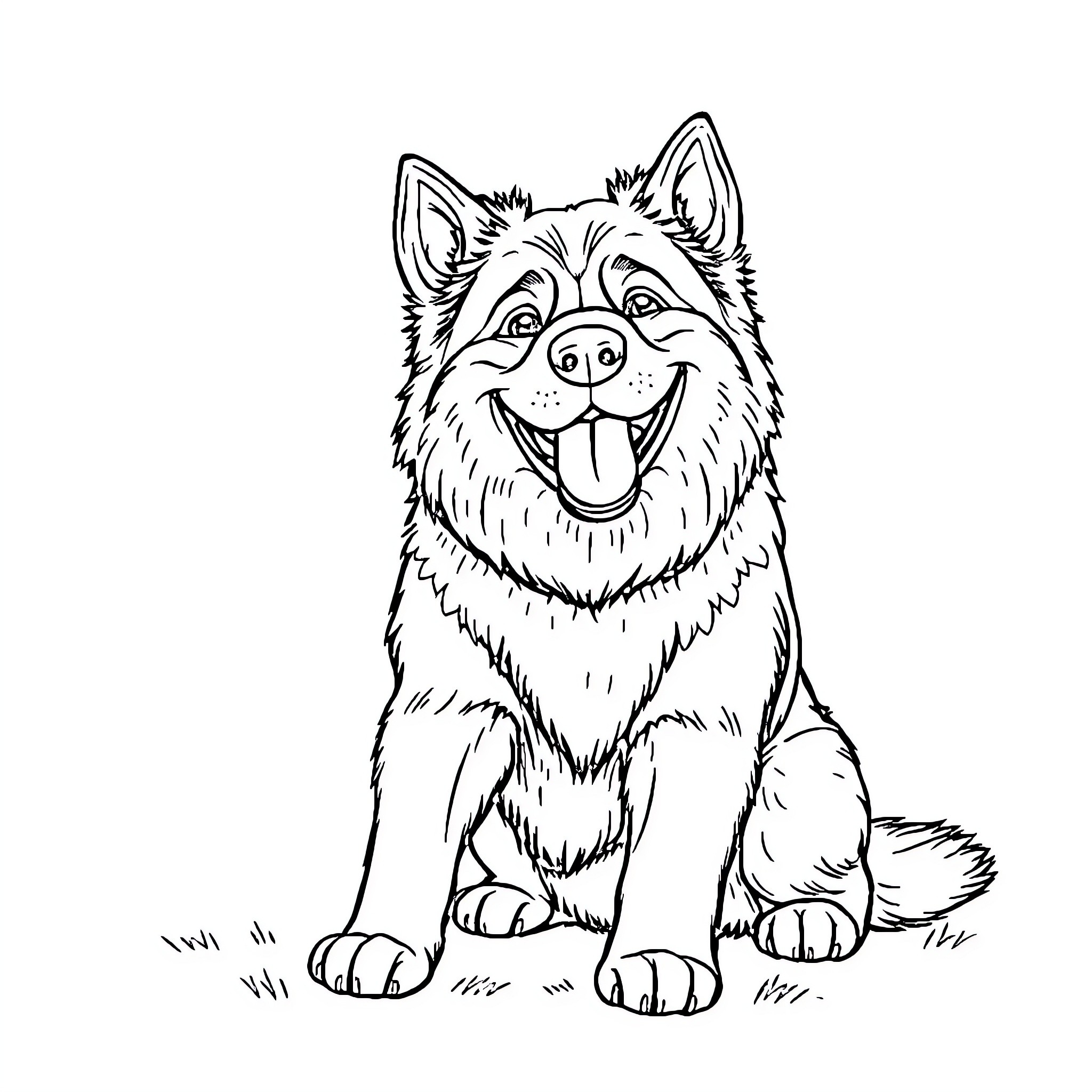 Dog sitting happily with a big smile Coloring Page (free black-and-white line drawing printable PDF for all, from beginners to advanced learners, including children, teens, adults, and seniors)