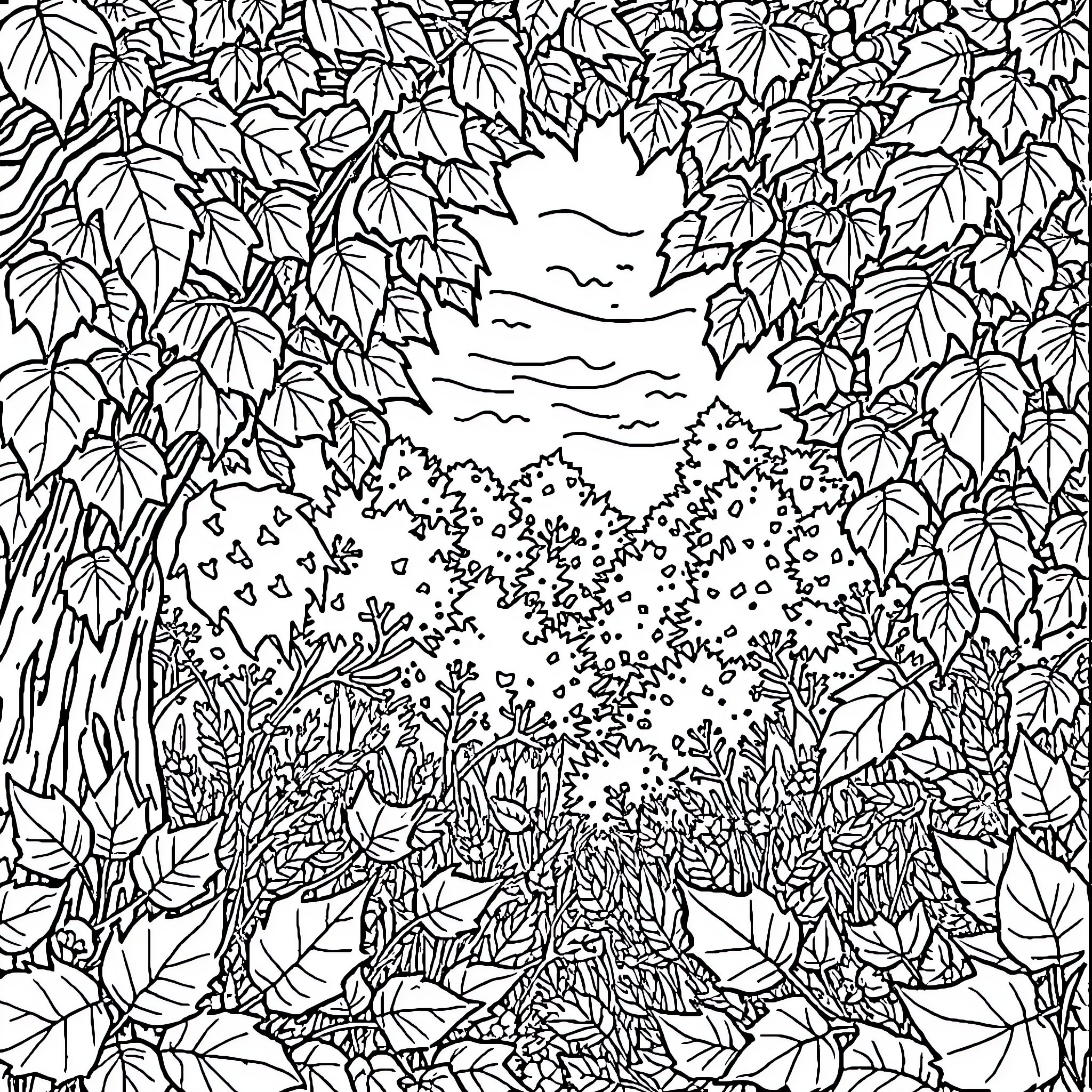 September Scenery of Lush Greenery and Nature Coloring Page (free black-and-white line drawing printable PDF for all, from beginners to advanced learners, including children, teens, adults, and seniors)