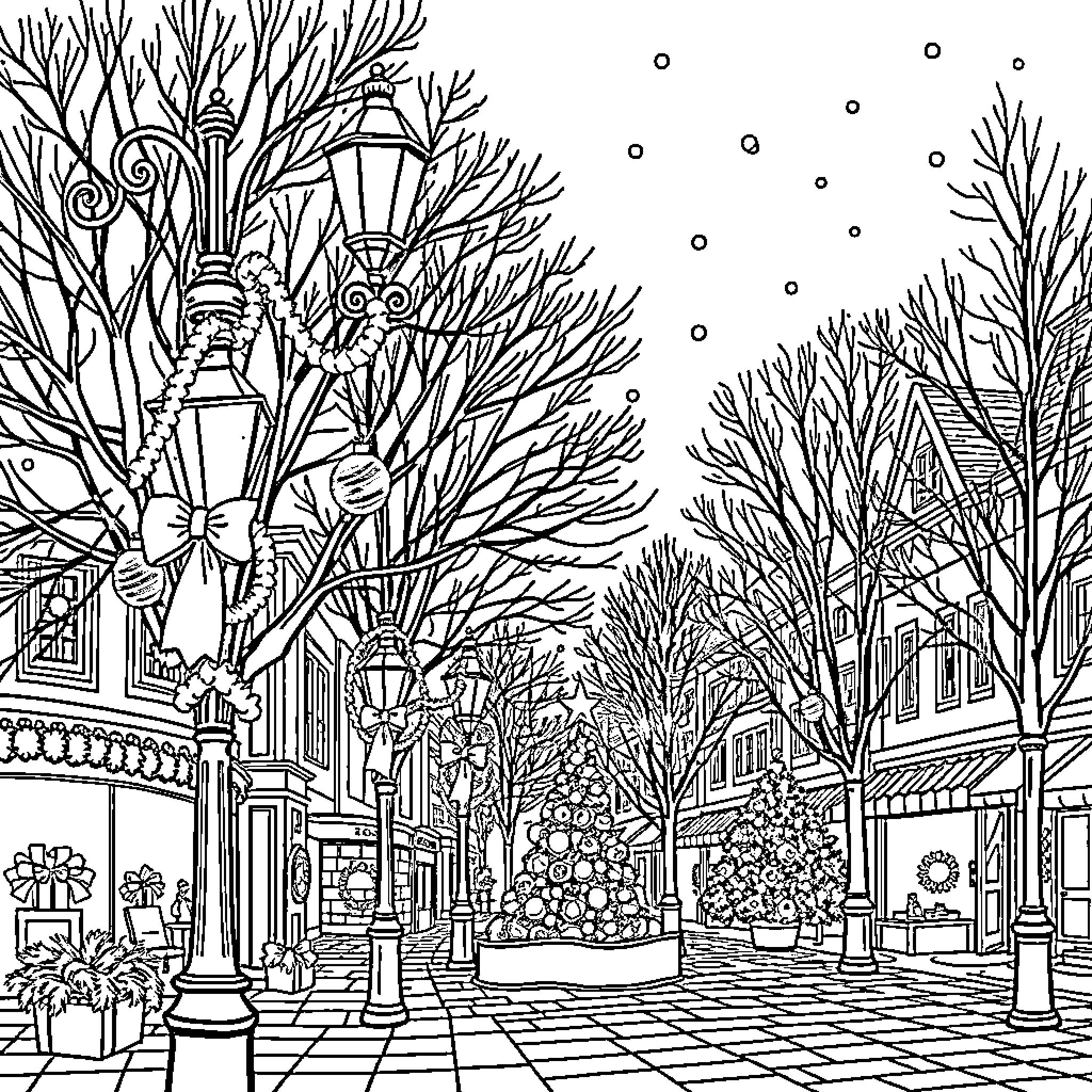 Christmas Decoration with Ornate Lamps and Snowy Scenery Coloring Page (free black-and-white line drawing printable PDF for all, from beginners to advanced learners, including children, teens, adults, and seniors)