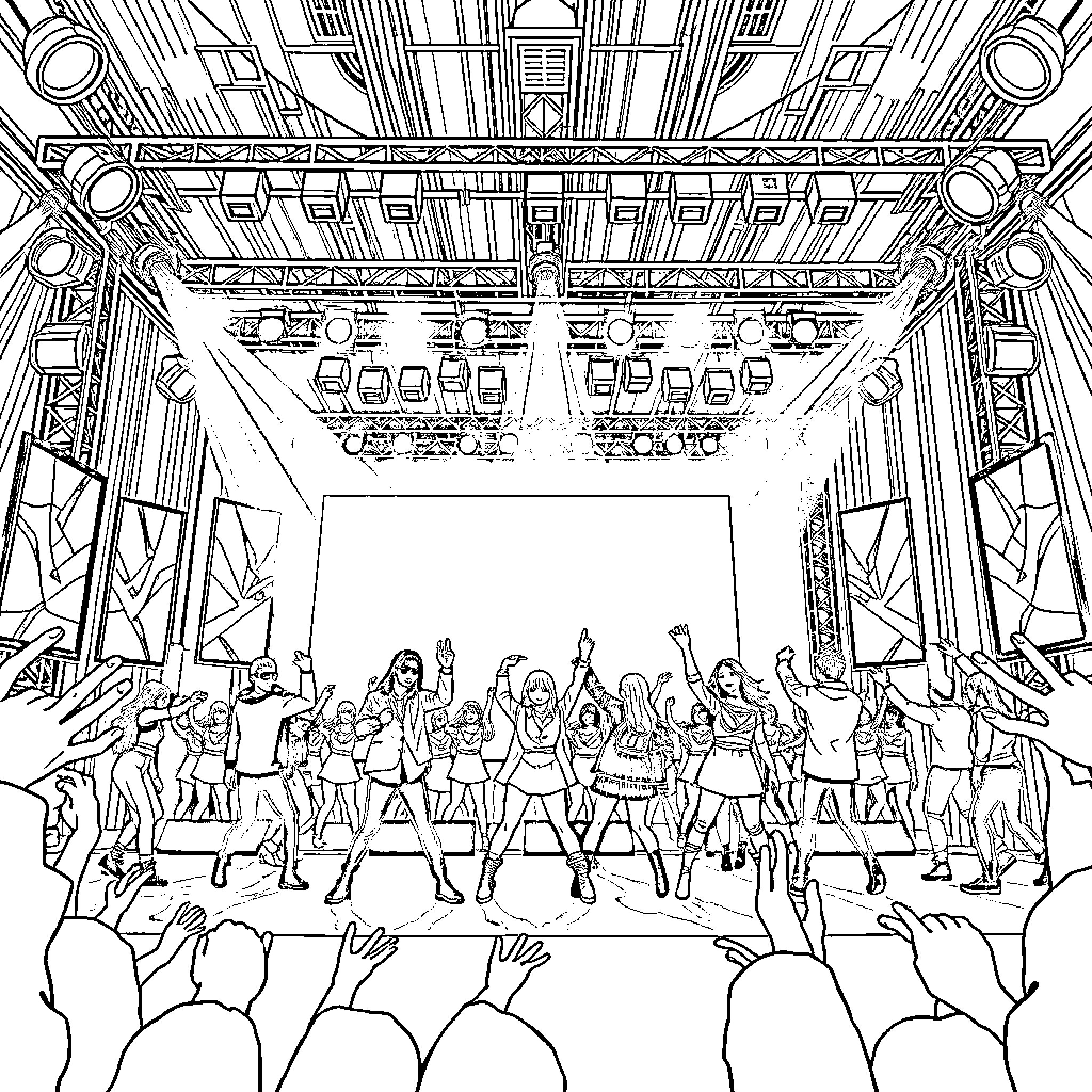 Kpop Performers on Stage Entertaining Crowd Coloring Page (free black-and-white line drawing printable PDF for all, from beginners to advanced learners, including children, teens, adults, and seniors)