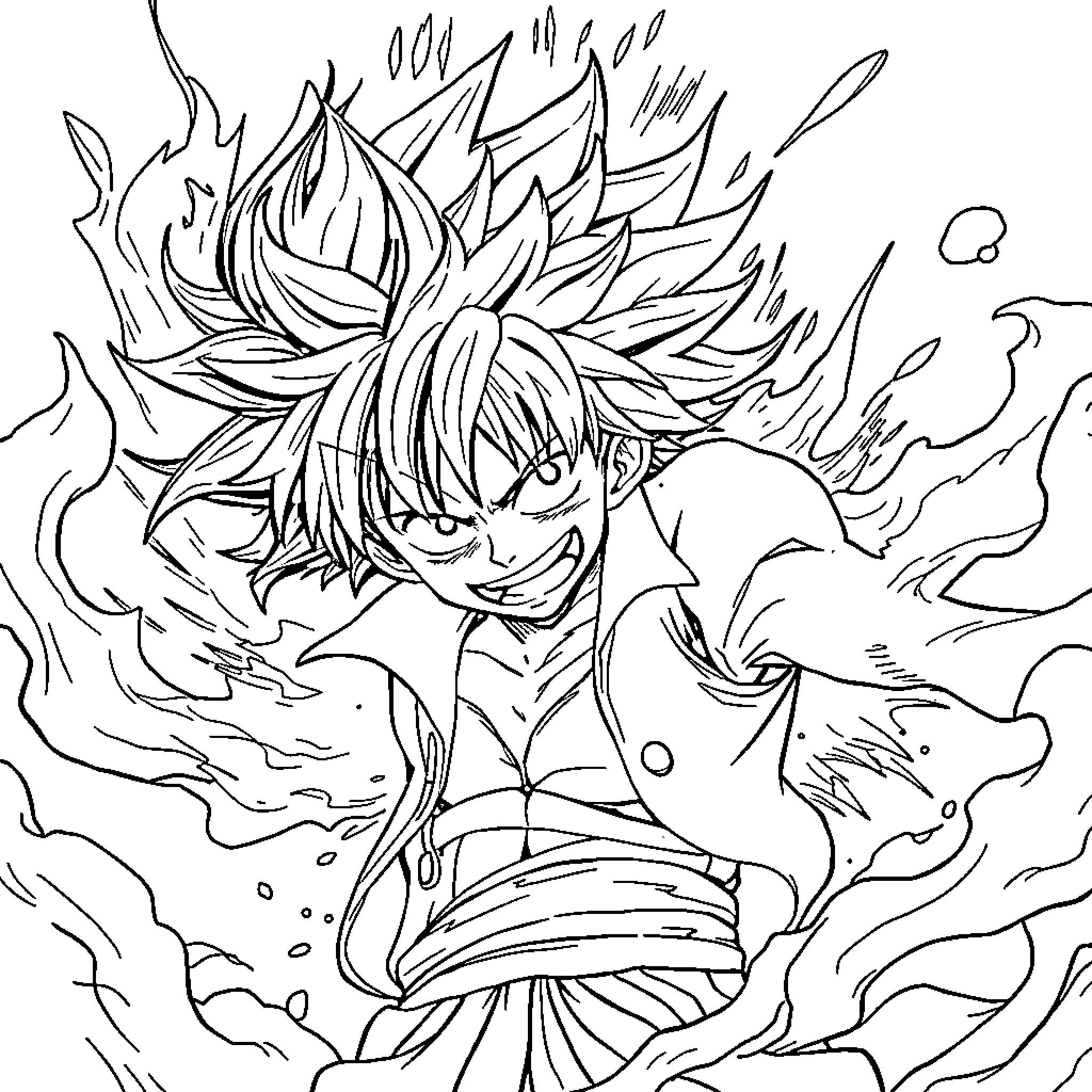 Luffy unleashing his fiery Goku-inspired power Coloring Page (free black-and-white line drawing printable PDF for all, from beginners to advanced learners, including children, teens, adults, and seniors)