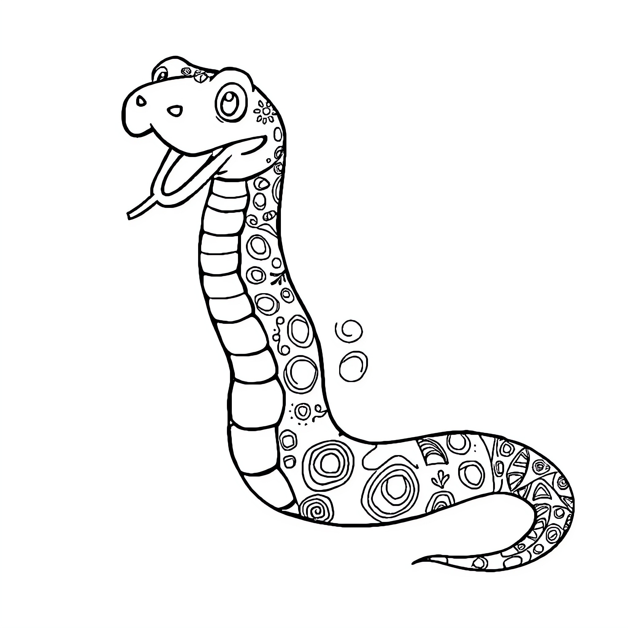 Snake with playful expression and patterned body Coloring Page (free black-and-white line drawing printable PDF for all, from beginners to advanced learners, including children, teens, adults, and seniors)