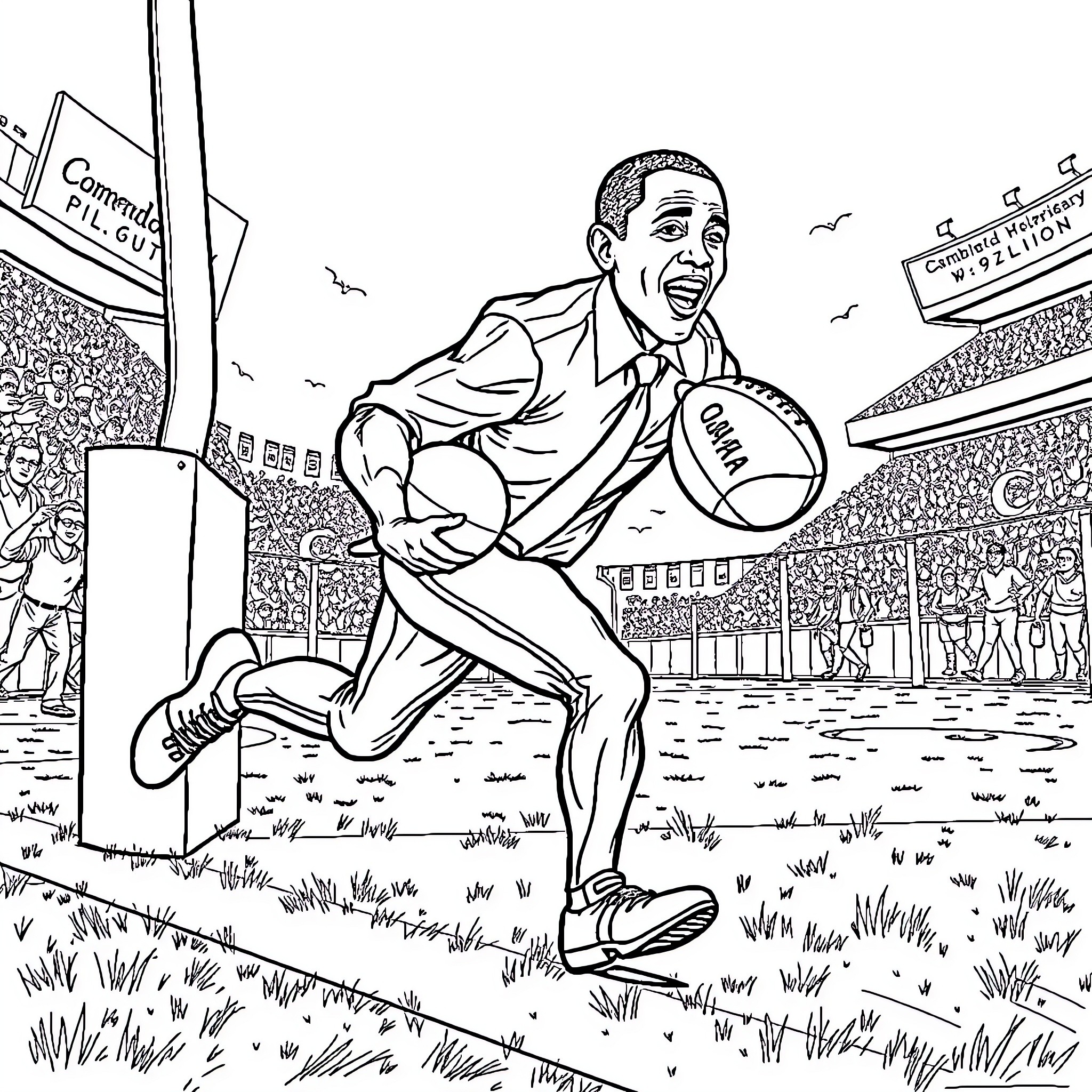 Obama Playing Rugby in a Stadium Coloring Page (free black-and-white line drawing printable PDF for all, from beginners to advanced learners, including children, teens, adults, and seniors)