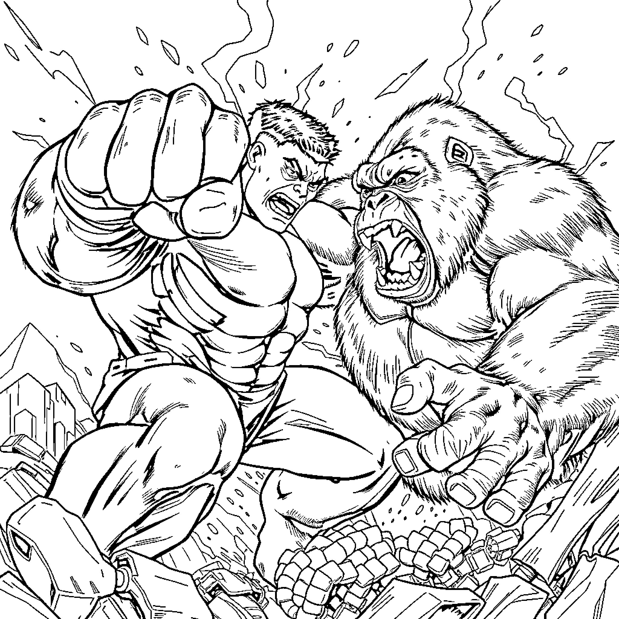 Hulk battles a ferocious beast in the wild Coloring Page (free black-and-white line drawing printable PDF for all, from beginners to advanced learners, including children, teens, adults, and seniors)