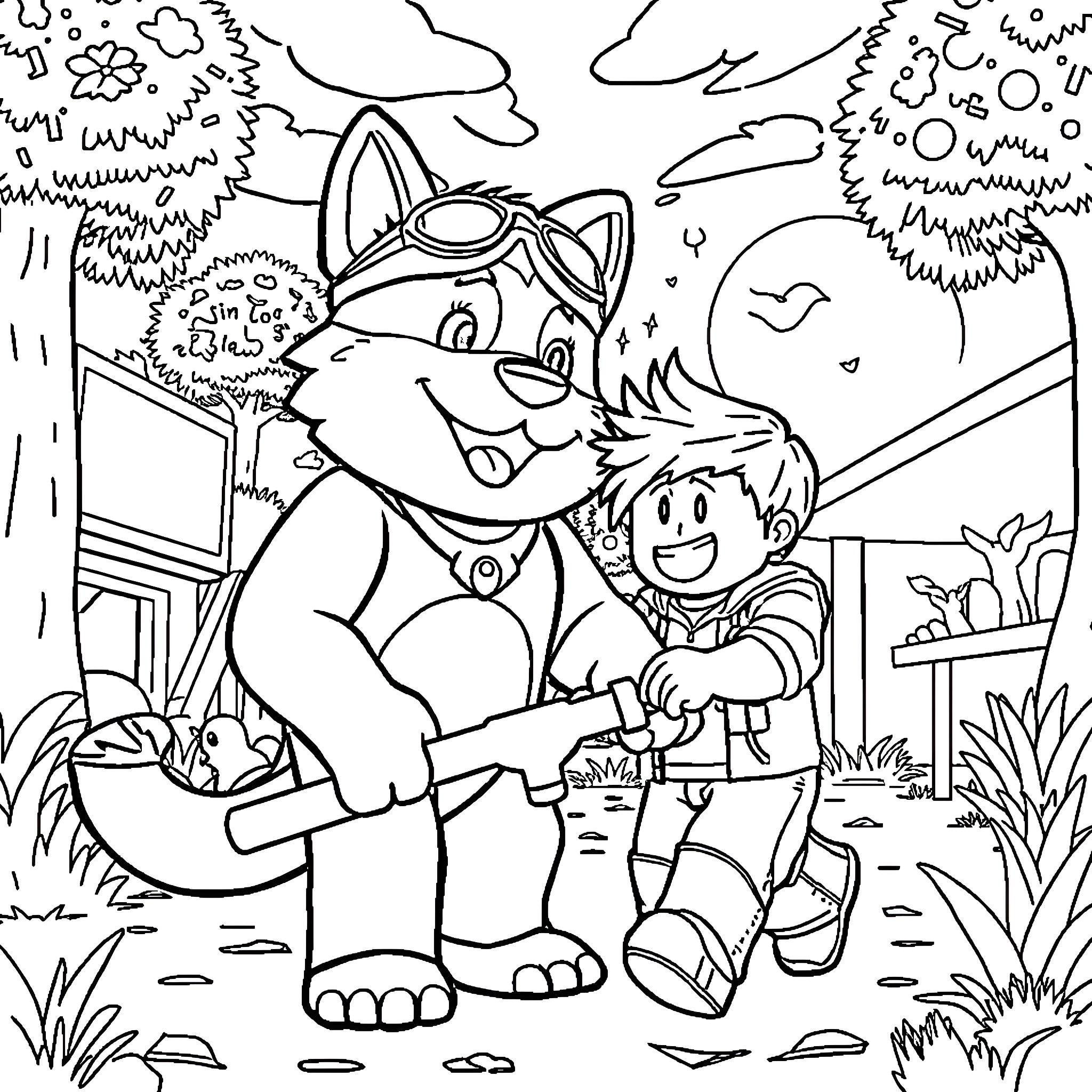 Dog and Boy Exploring the Outdoors Coloring Page (free black-and-white line drawing printable PDF for all, from beginners to advanced learners, including children, teens, adults, and seniors)