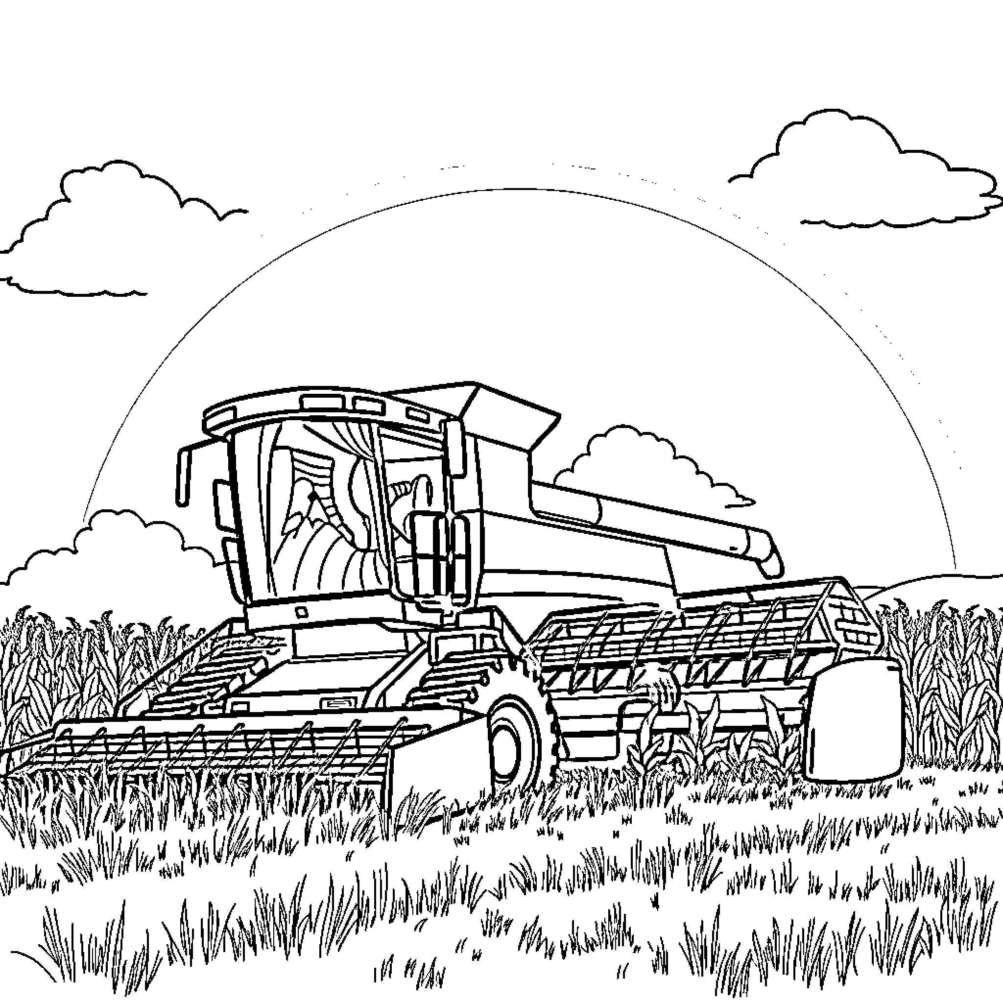 Corn Harvest: Combine Machinery at Work Coloring Page (free black-and-white line drawing printable PDF for all, from beginners to advanced learners, including children, teens, adults, and seniors)