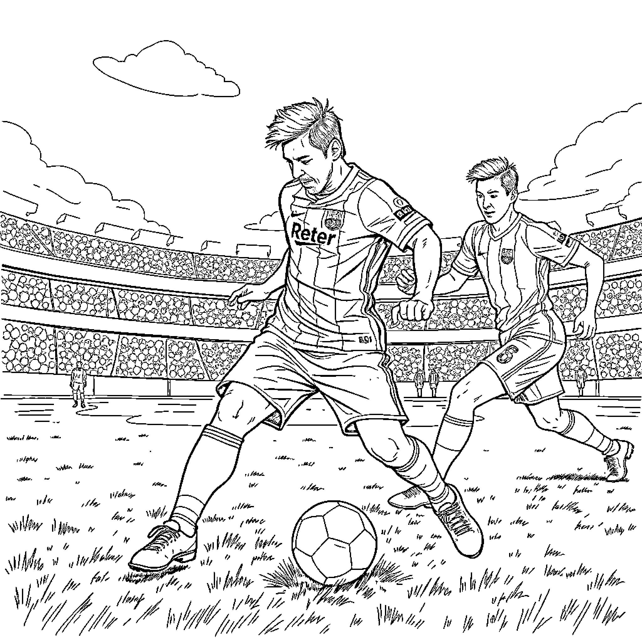 Messi dribbling with teammate on soccer field Coloring Page (free black-and-white line drawing printable PDF for all, from beginners to advanced learners, including children, teens, adults, and seniors)