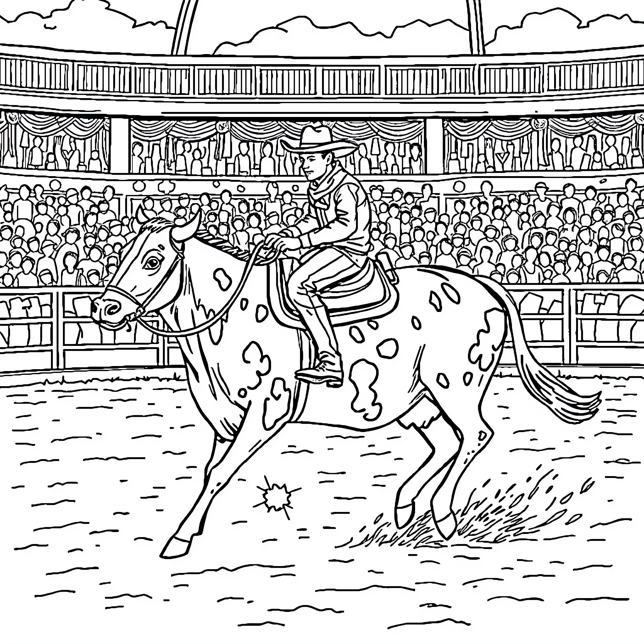 Horse performing in equestrian show with audience Coloring Page (free black-and-white line drawing printable PDF for all, from beginners to advanced learners, including children, teens, adults, and seniors)