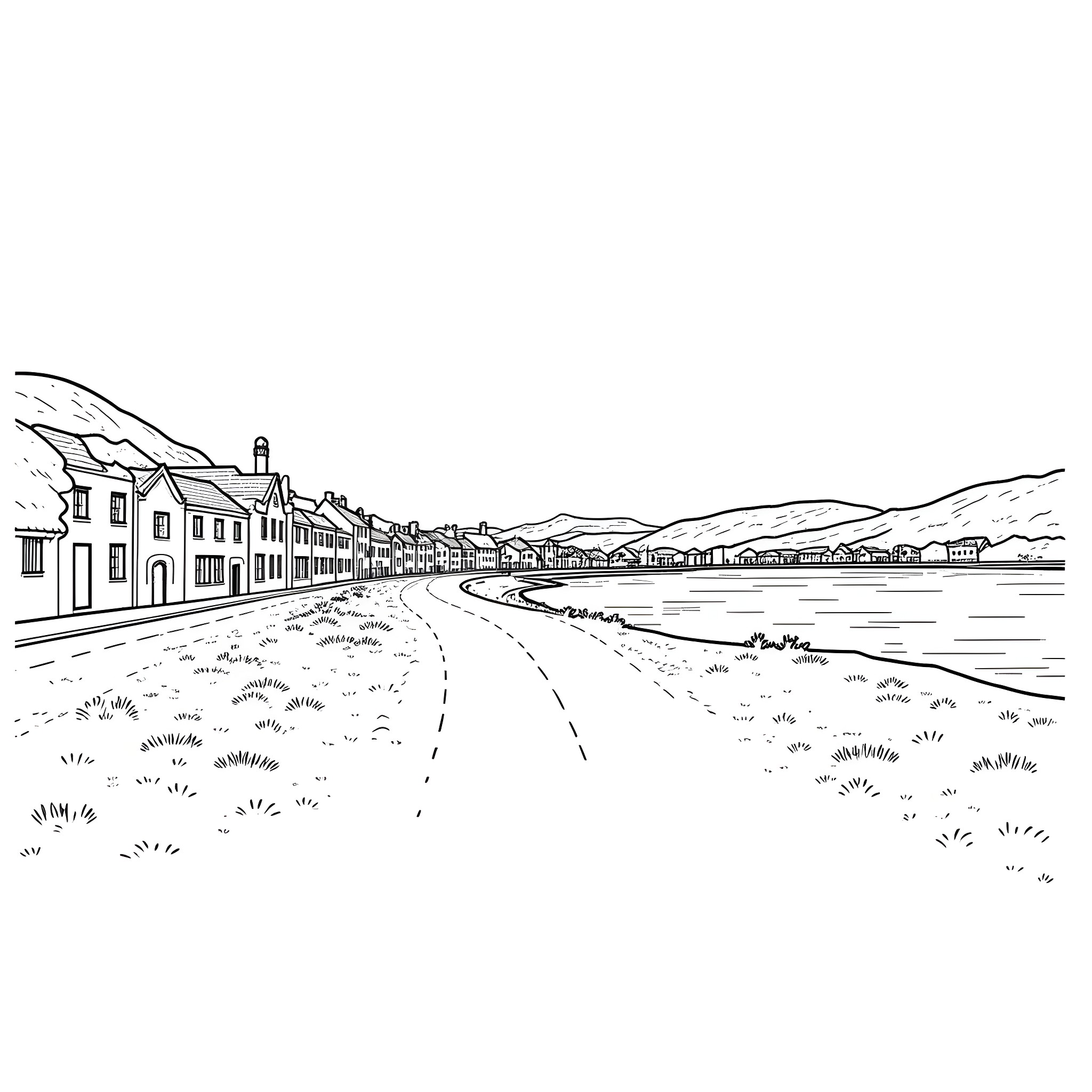Town by the serene beach with coastal buildings Coloring Page (free black-and-white line drawing printable PDF for all, from beginners to advanced learners, including children, teens, adults, and seniors)