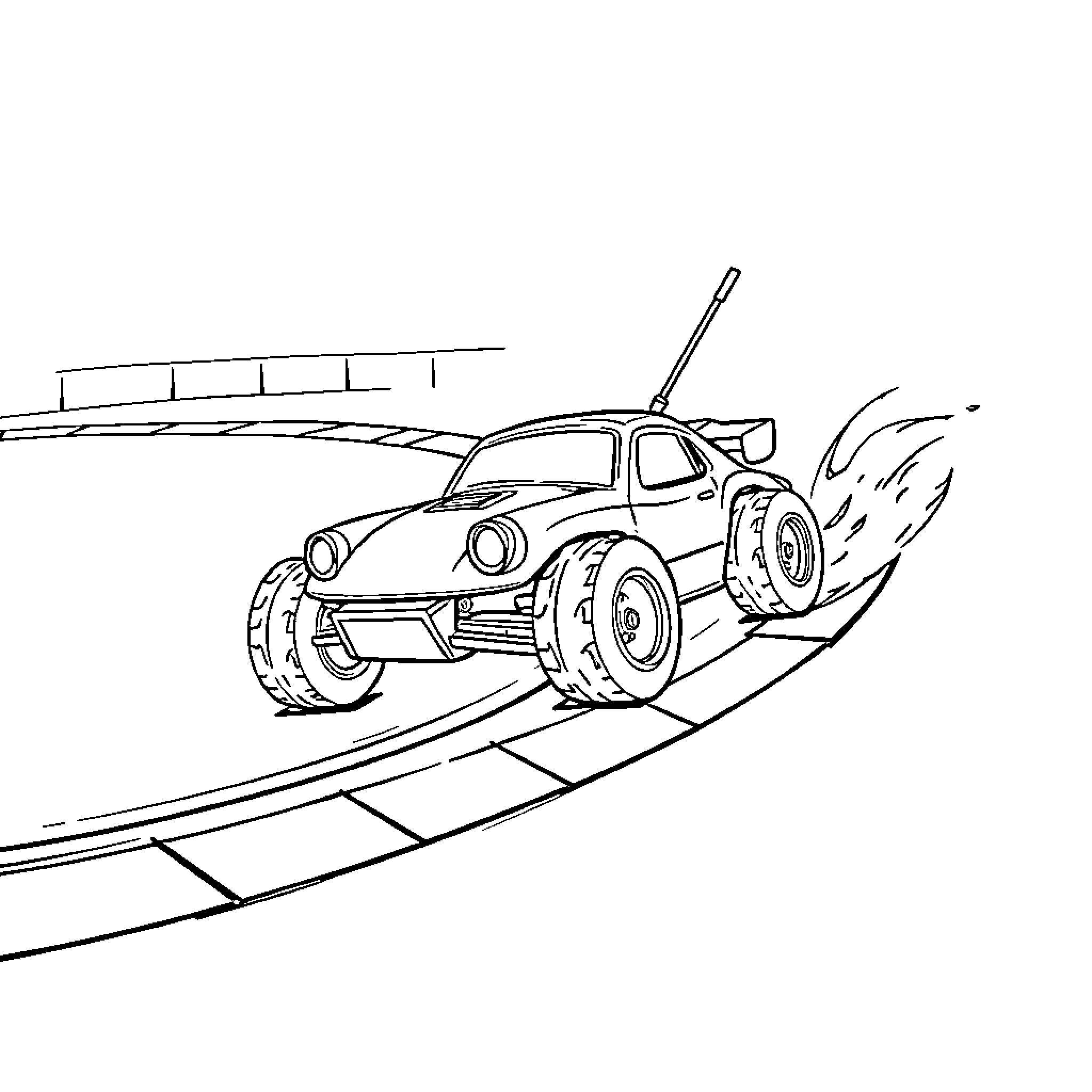 RC Car speeding through the track Coloring Page (free black-and-white line drawing printable PDF for all, from beginners to advanced learners, including children, teens, adults, and seniors)