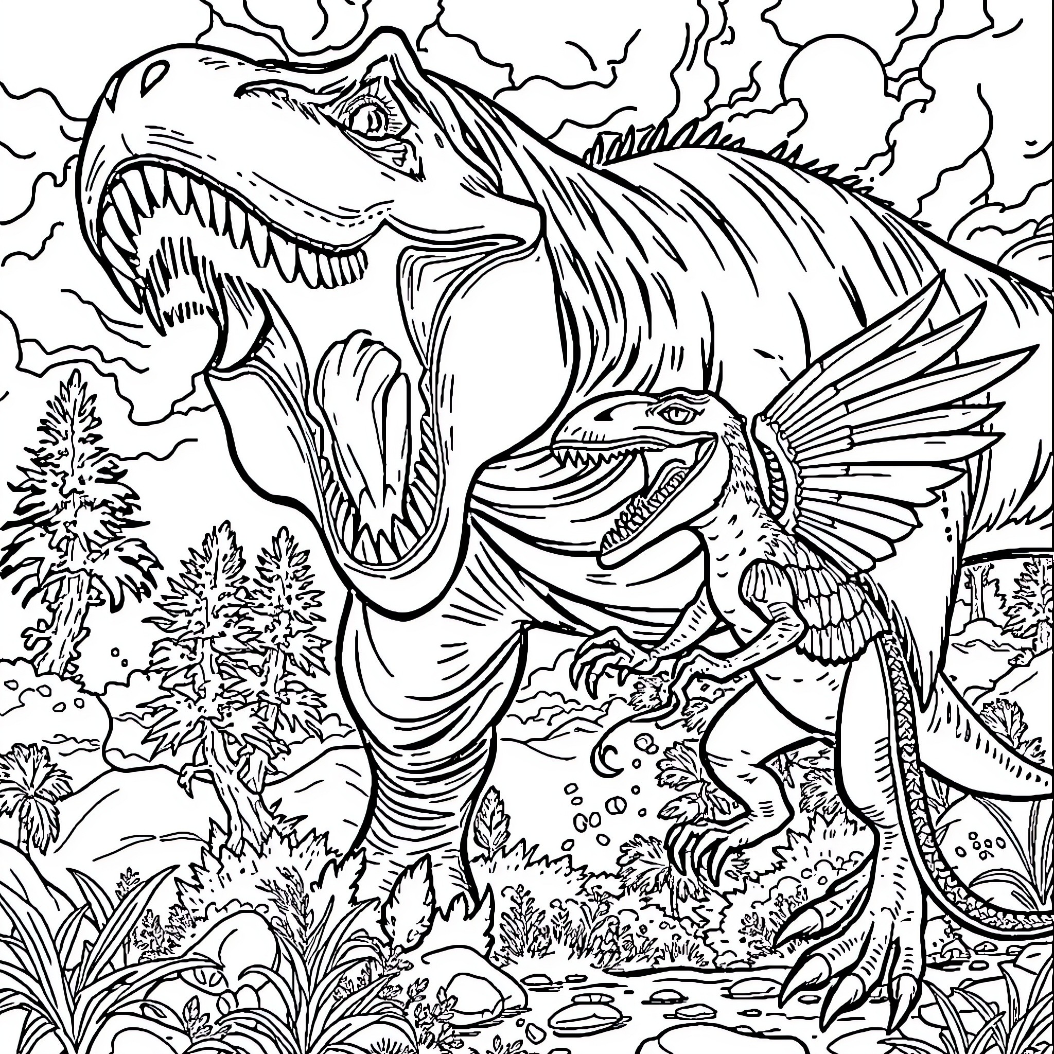 Indominus Rex Battling Prehistoric Creatures in Jungle Coloring Page (free black-and-white line drawing printable PDF for all, from beginners to advanced learners, including children, teens, adults, and seniors)