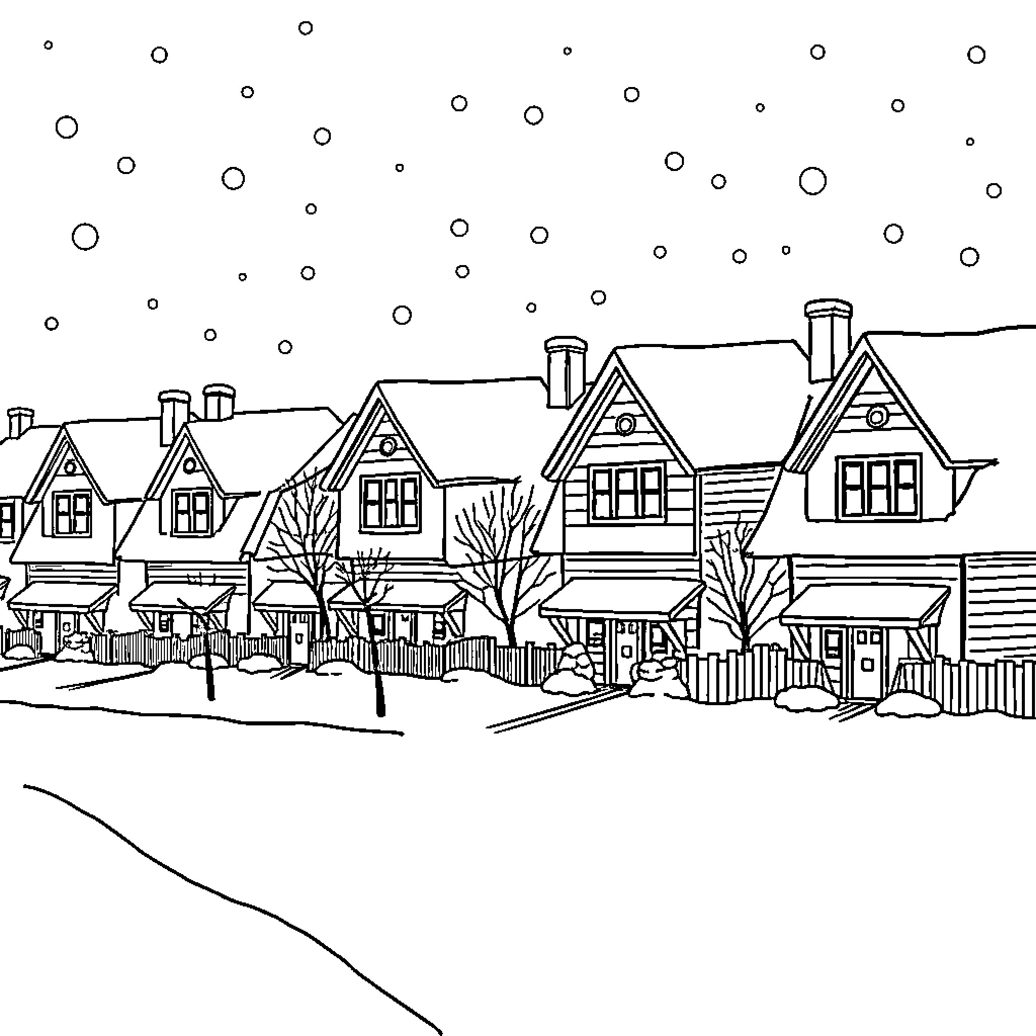 Townhouse row in winter landscape Coloring Page (free black-and-white line drawing printable PDF for all, from beginners to advanced learners, including children, teens, adults, and seniors)