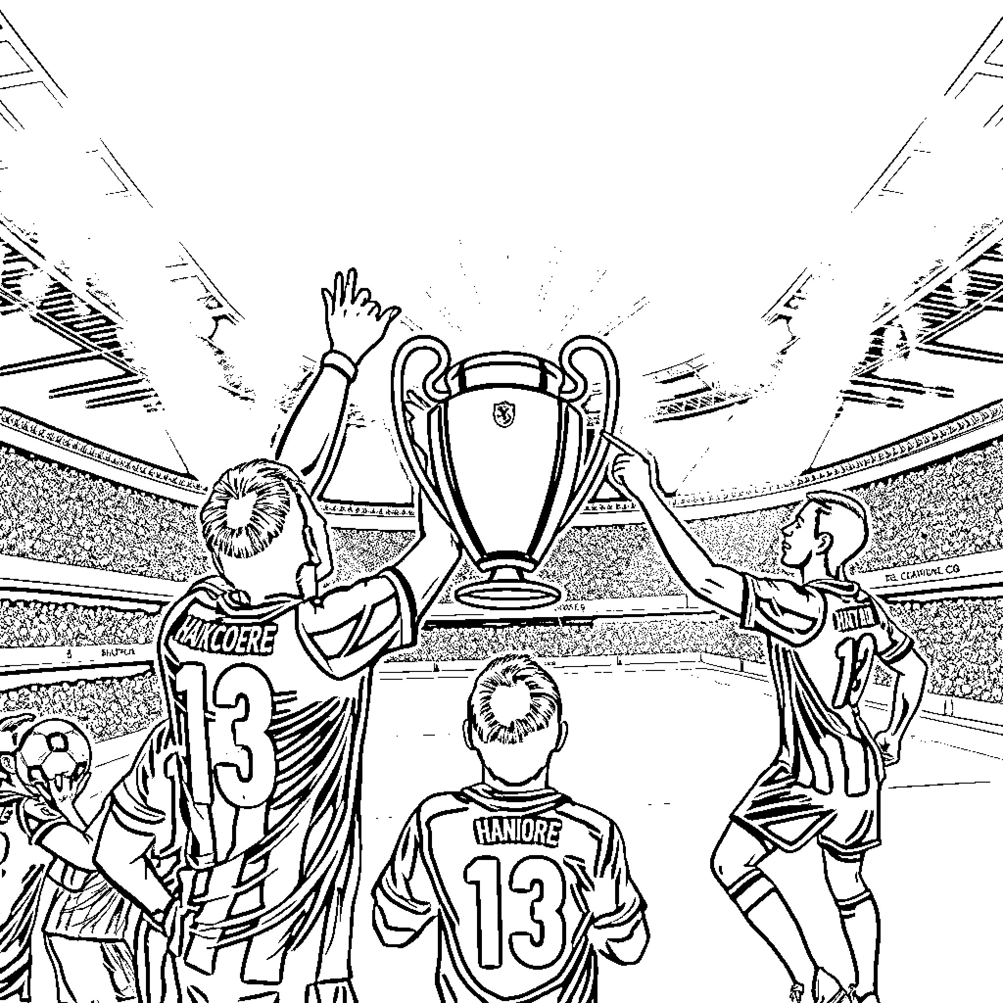 Betis players celebrating trophy victory on field Coloring Page (free black-and-white line drawing printable PDF for all, from beginners to advanced learners, including children, teens, adults, and seniors)