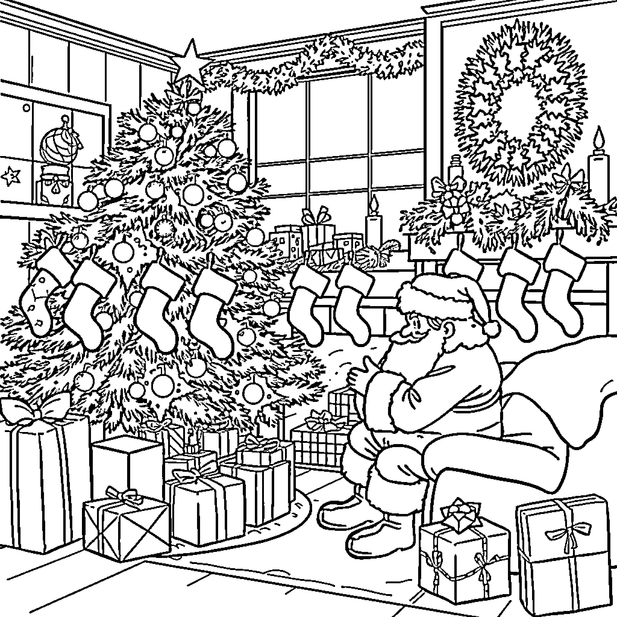 Santa resting by the Christmas tree and stockings Coloring Page (free black-and-white line drawing printable PDF for all, from beginners to advanced learners, including children, teens, adults, and seniors)