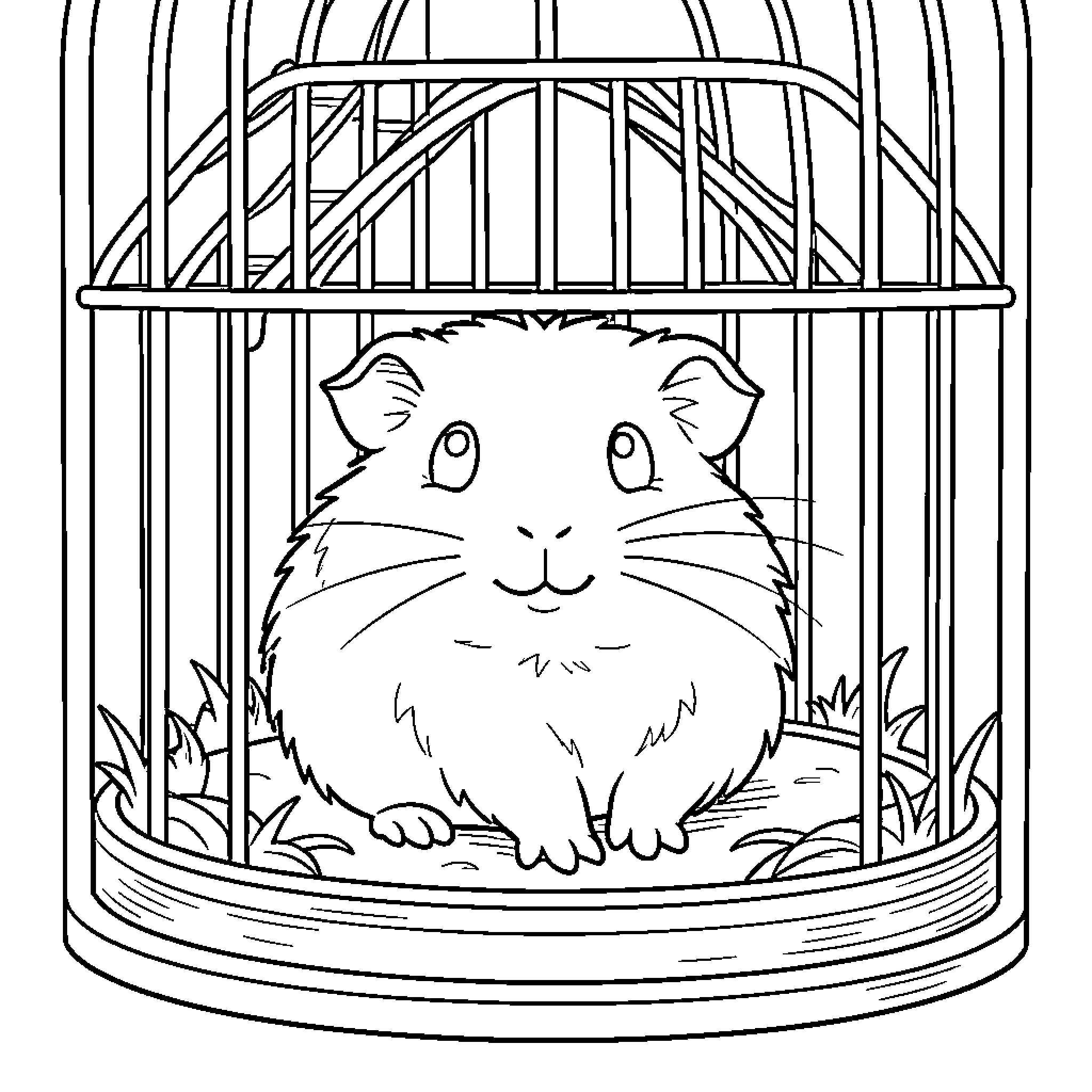 Guinea Pig enjoying cozy cage environment Coloring Page (free black-and-white line drawing printable PDF for all, from beginners to advanced learners, including children, teens, adults, and seniors)