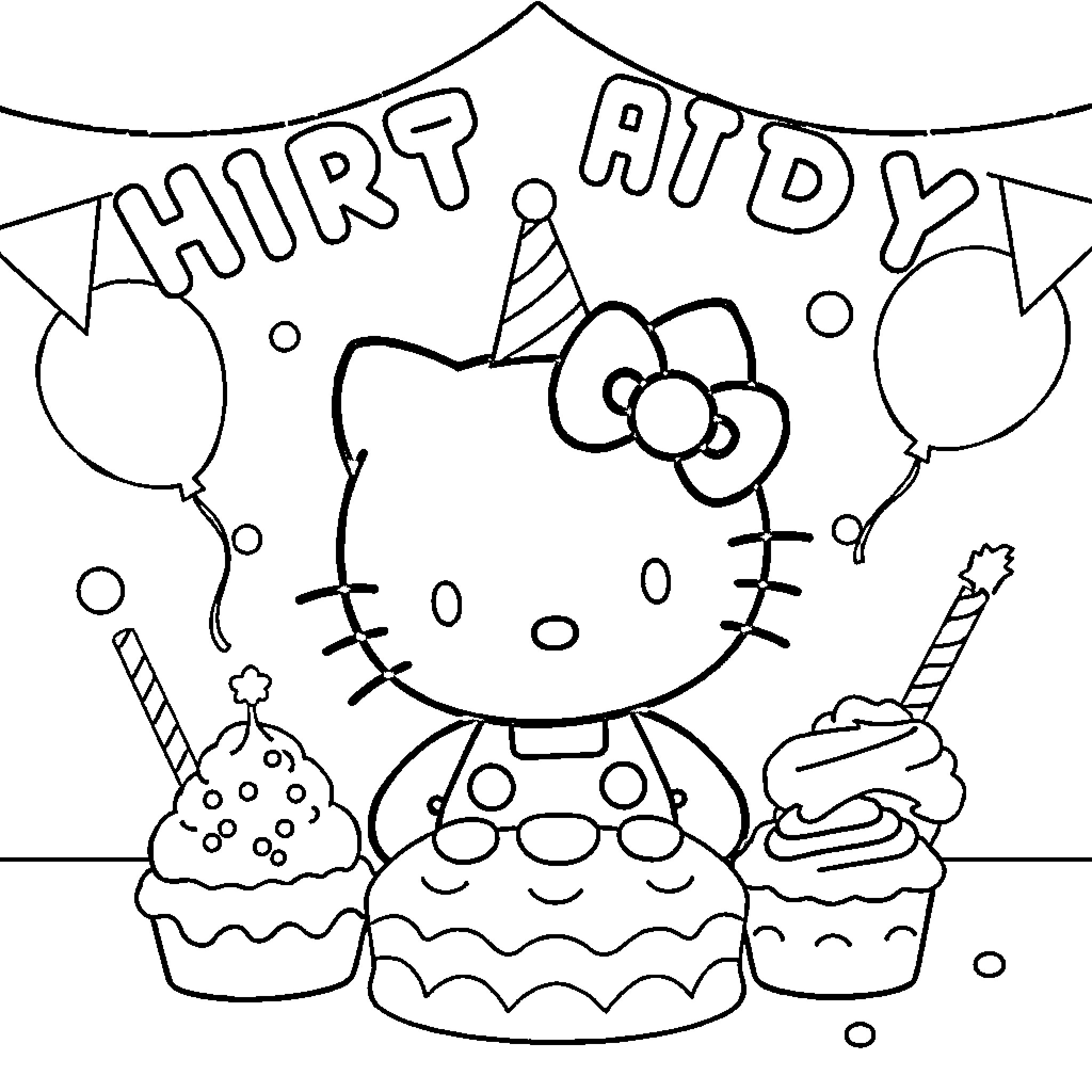 Hello Kitty celebrating a birthday party Coloring Page (free black-and-white line drawing printable PDF for all, from beginners to advanced learners, including children, teens, adults, and seniors)