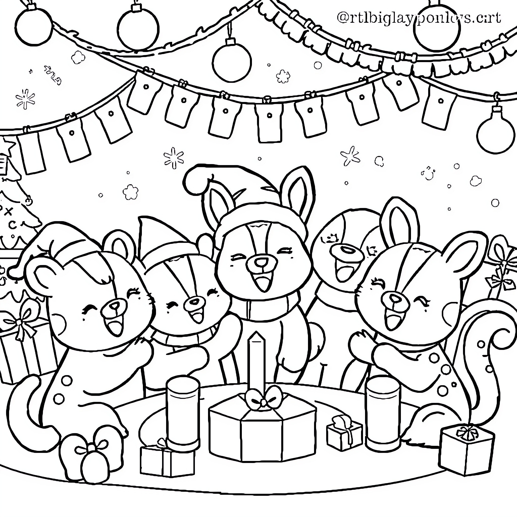 Animal party with festive decorations Coloring Page (free black-and-white line drawing printable PDF for all, from beginners to advanced learners, including children, teens, adults, and seniors)