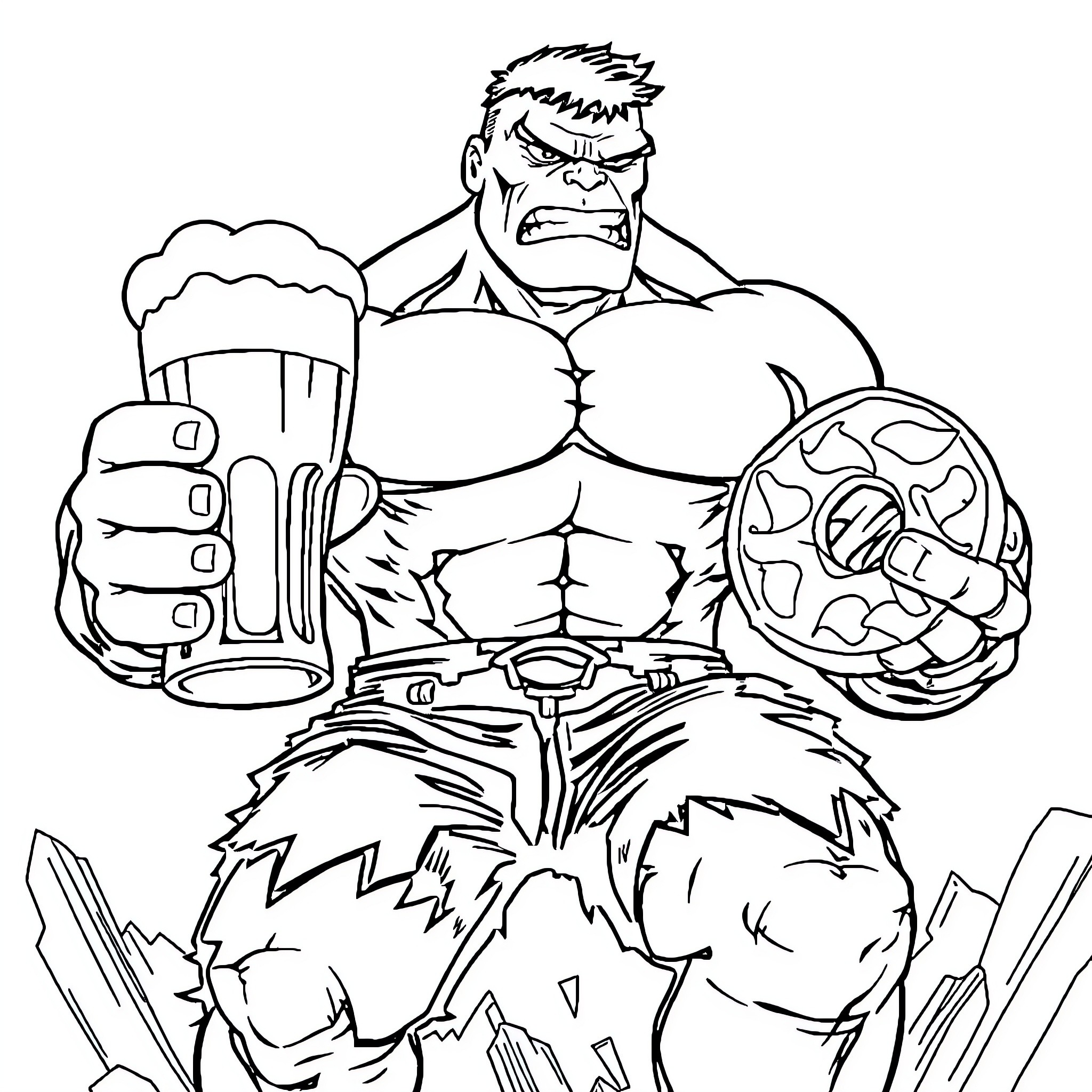 Hulk Smashing Through the Rocks with Beer Coloring Page (free black-and-white line drawing printable PDF for all, from beginners to advanced learners, including children, teens, adults, and seniors)