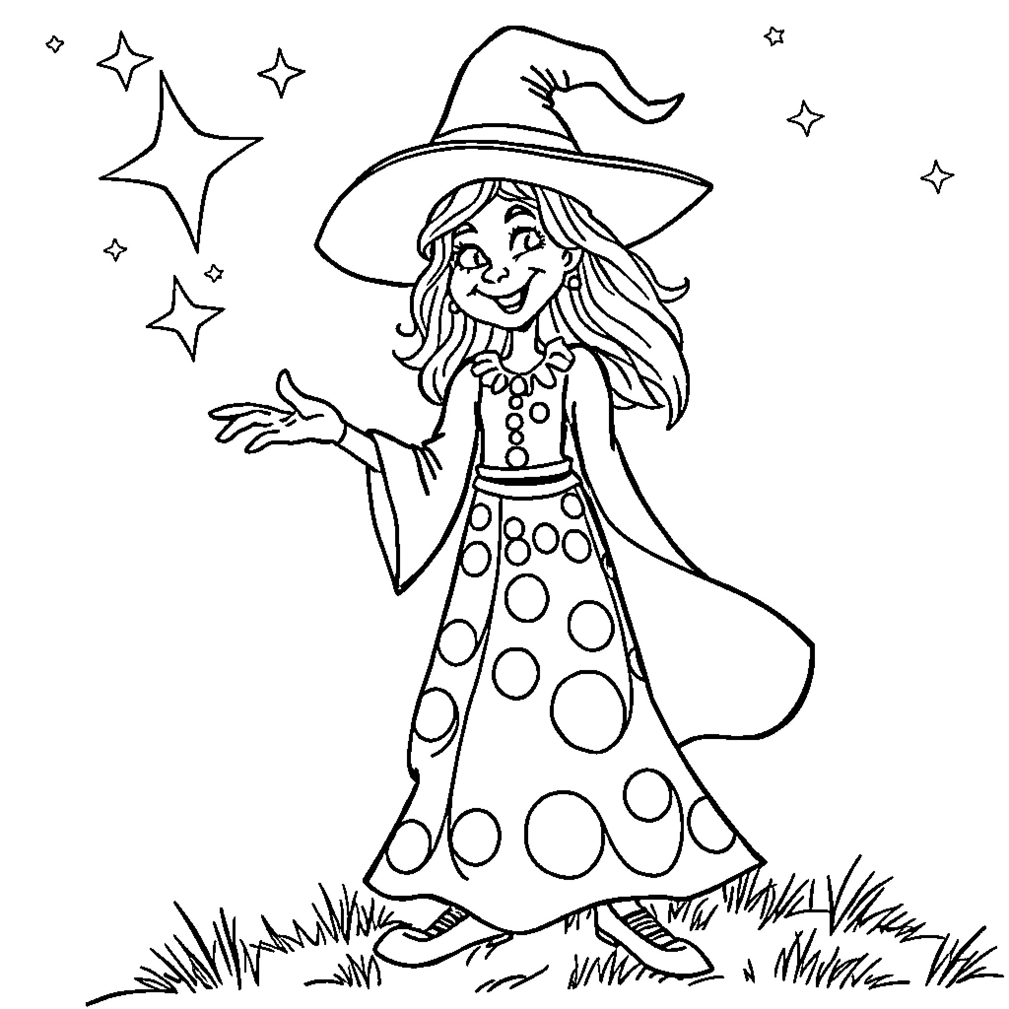 Witch casting enchanting spells in the moonlit field Coloring Page (free black-and-white line drawing printable PDF for all, from beginners to advanced learners, including children, teens, adults, and seniors)