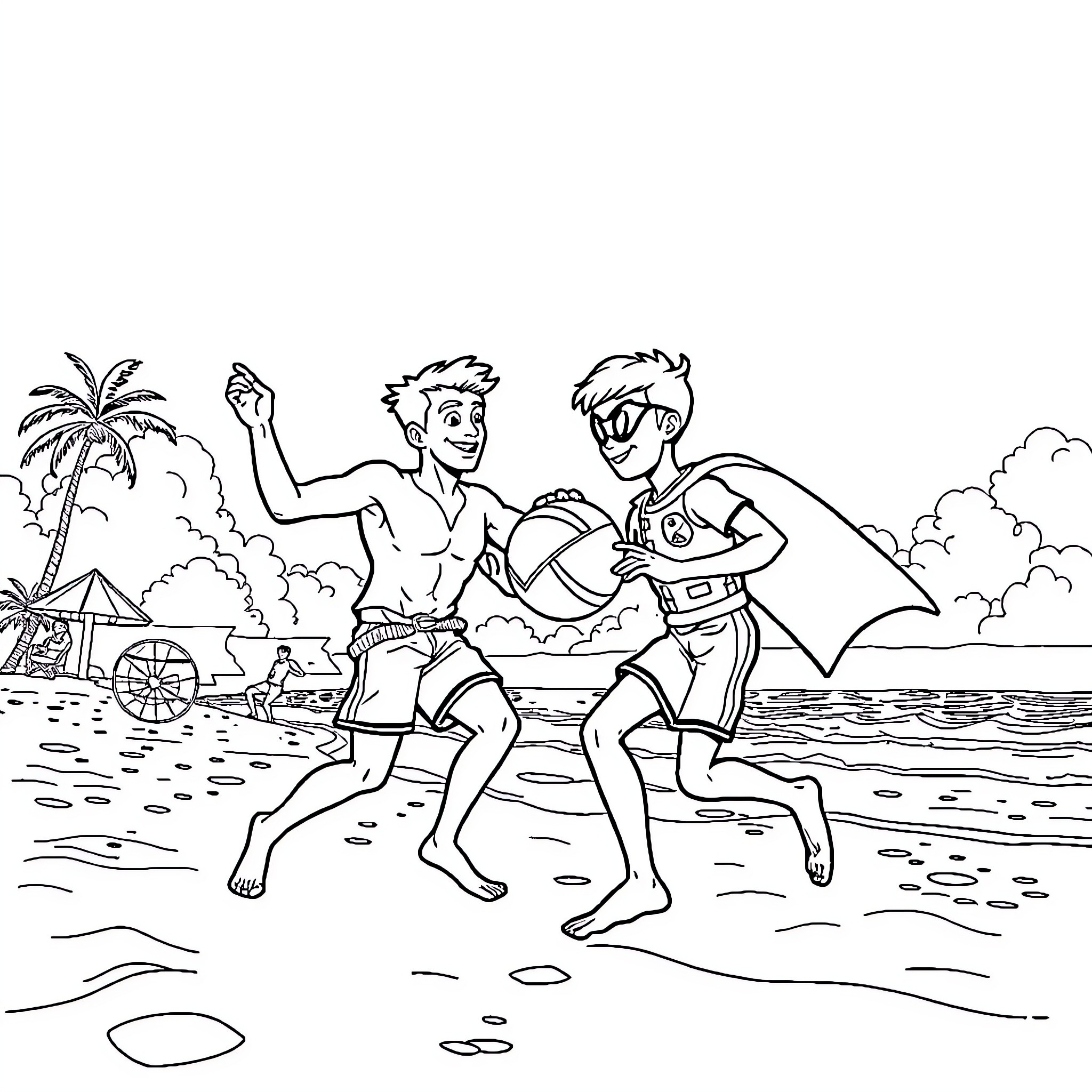 Barman serving drinks to beachgoers on a sunny day Coloring Page (free black-and-white line drawing printable PDF for all, from beginners to advanced learners, including children, teens, adults, and seniors)