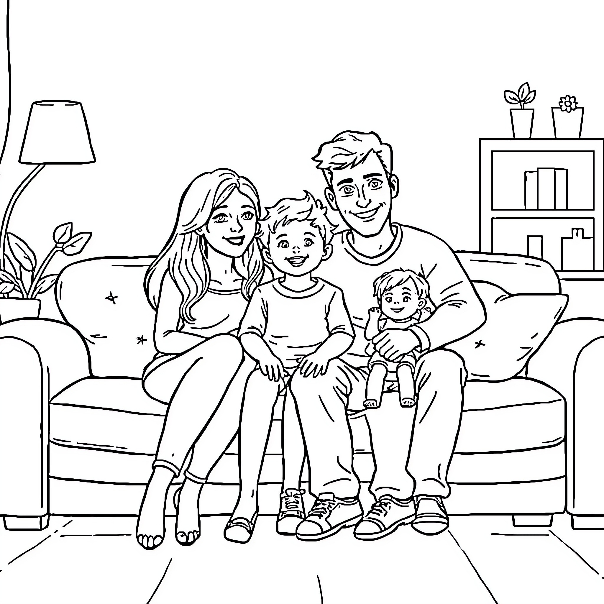 Family enjoying quality time together on couch Coloring Page (free black-and-white line drawing printable PDF for all, from beginners to advanced learners, including children, teens, adults, and seniors)