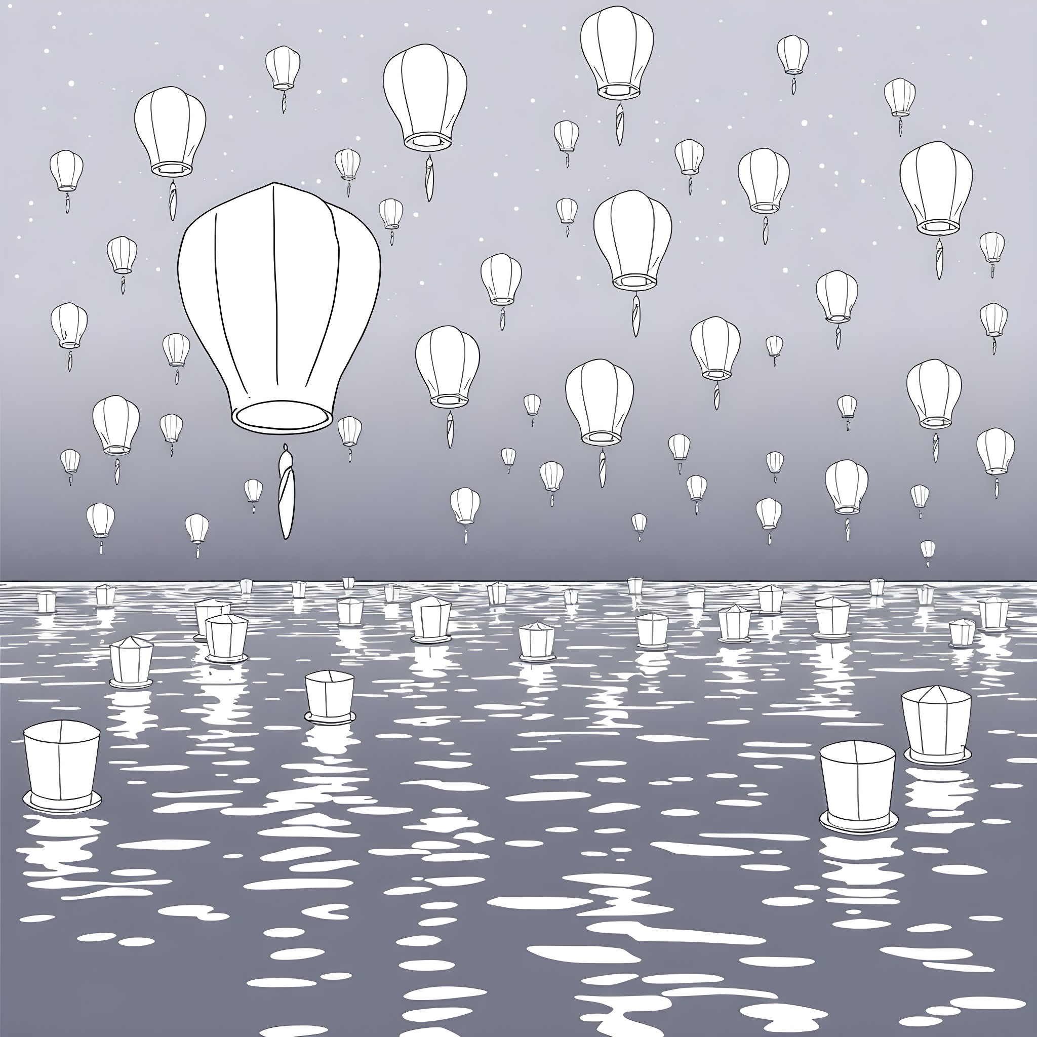 Lantern festival over the water Coloring Page (free black-and-white line drawing printable PDF for all, from beginners to advanced learners, including children, teens, adults, and seniors)