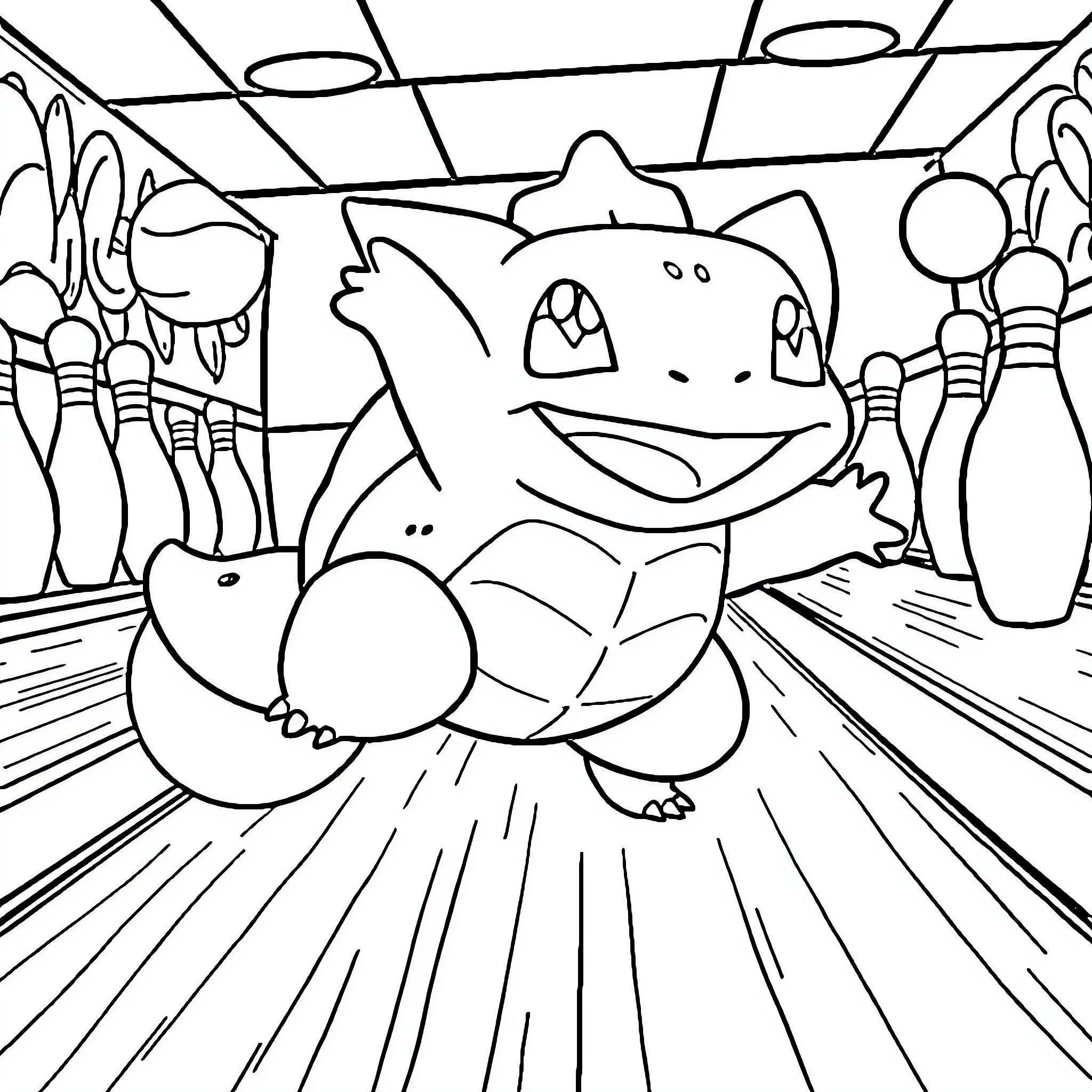 Bulbasaur bowling in the alley Coloring Page (free black-and-white line drawing printable PDF for all, from beginners to advanced learners, including children, teens, adults, and seniors)