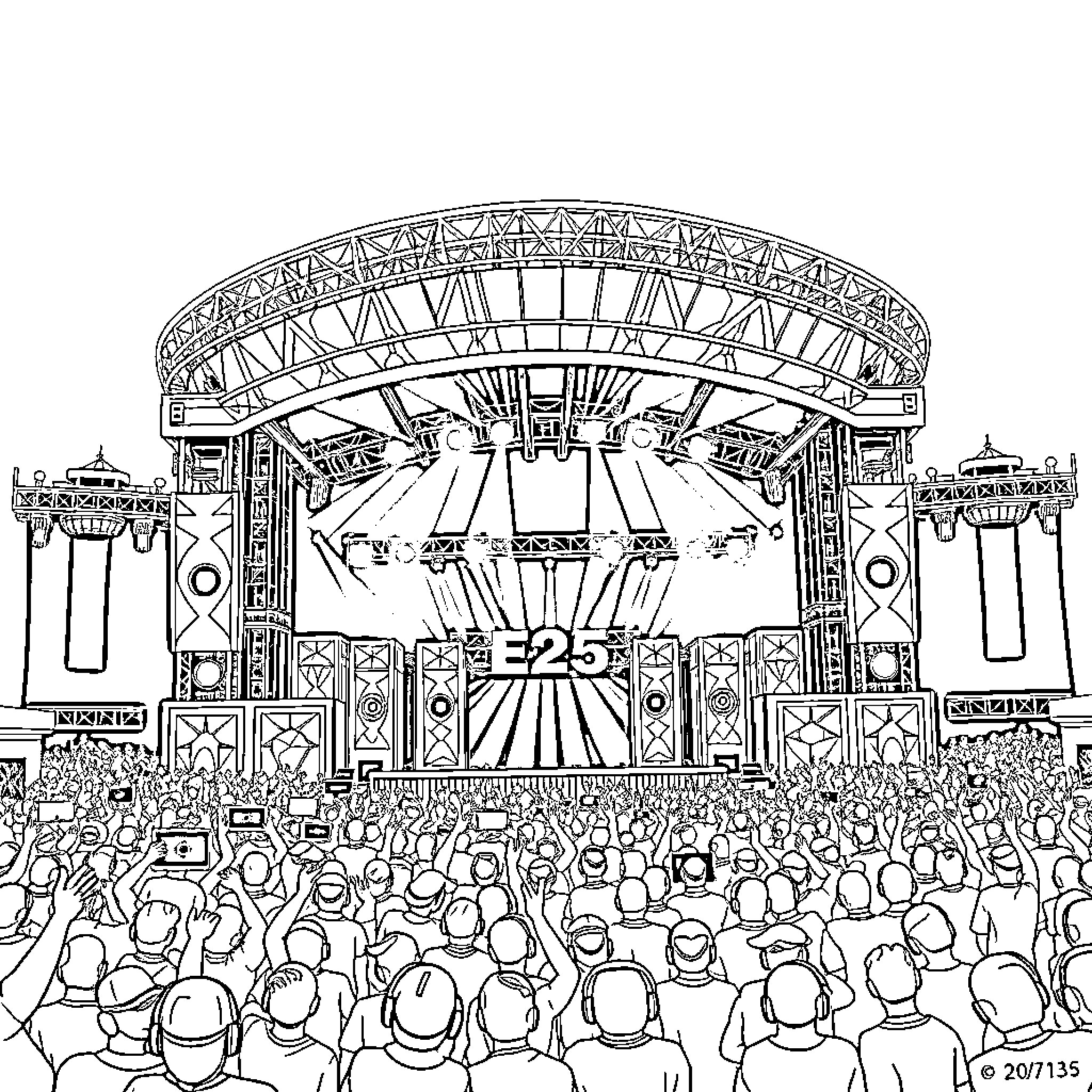 Stage performance with large crowd in attendance Coloring Page (free black-and-white line drawing printable PDF for all, from beginners to advanced learners, including children, teens, adults, and seniors)