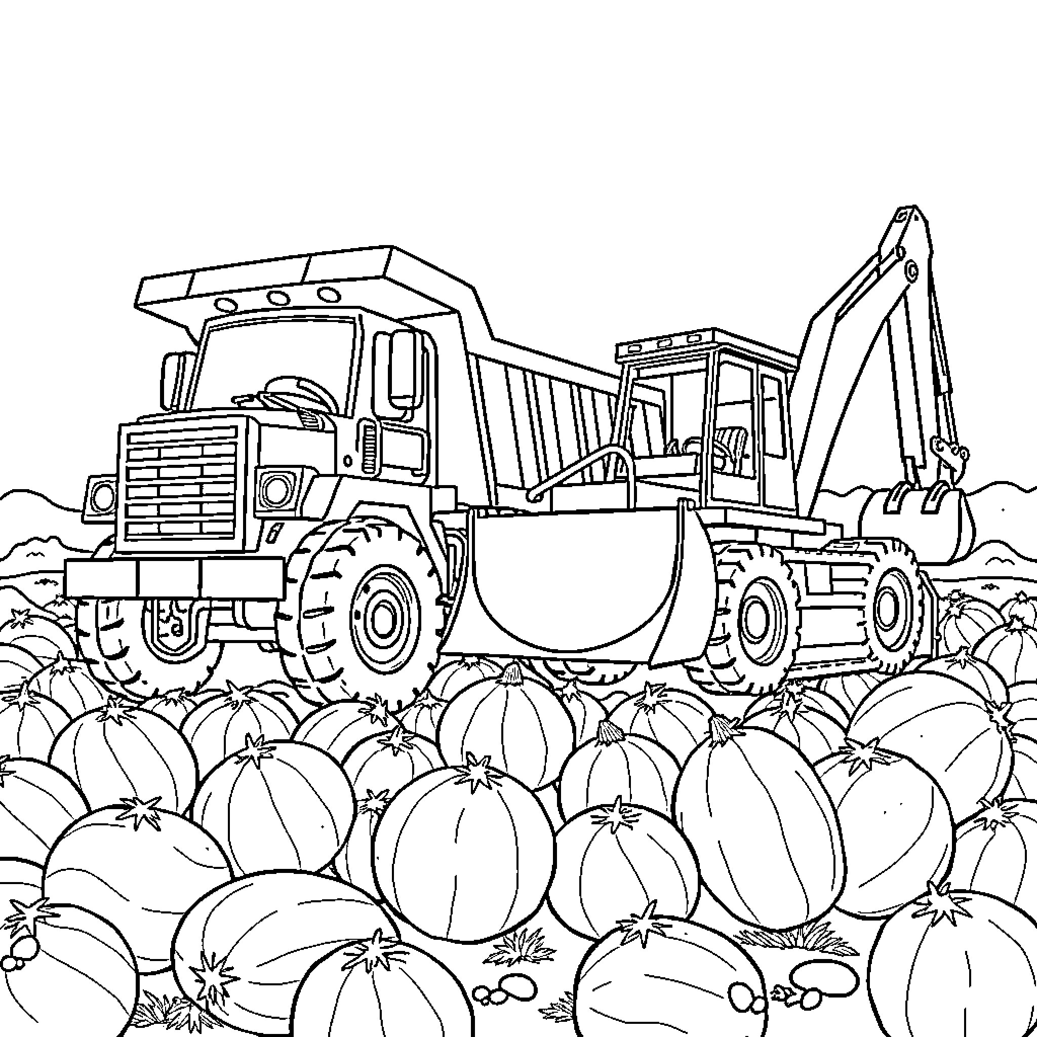 Dump Truck operating in a pumpkin patch Coloring Page (free black-and-white line drawing printable PDF for all, from beginners to advanced learners, including children, teens, adults, and seniors)