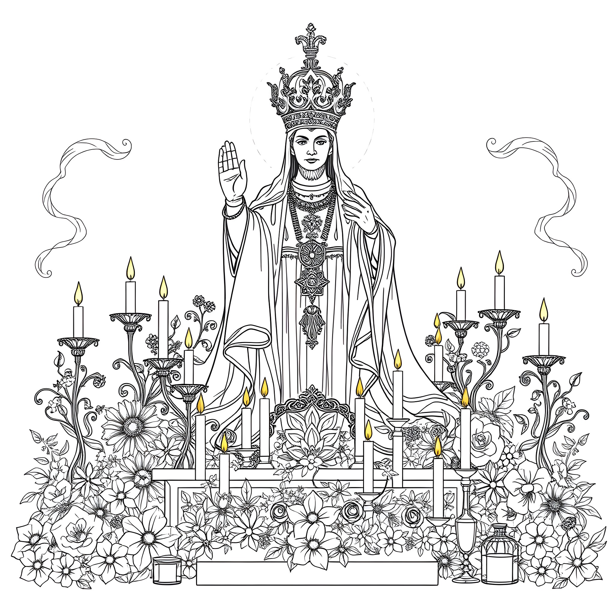 Malverde: Majestic Virgin Mary Surrounded by Floral Decor Coloring Page (free black-and-white line drawing printable PDF for all, from beginners to advanced learners, including children, teens, adults, and seniors)