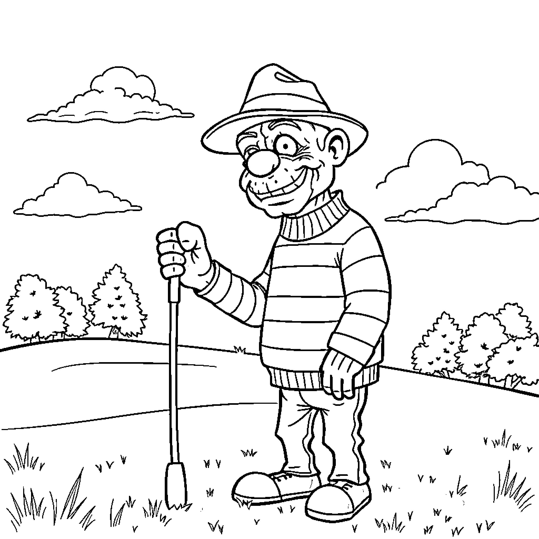 Freddy Kruger happily strolling in the countryside Coloring Page (free black-and-white line drawing printable PDF for all, from beginners to advanced learners, including children, teens, adults, and seniors)
