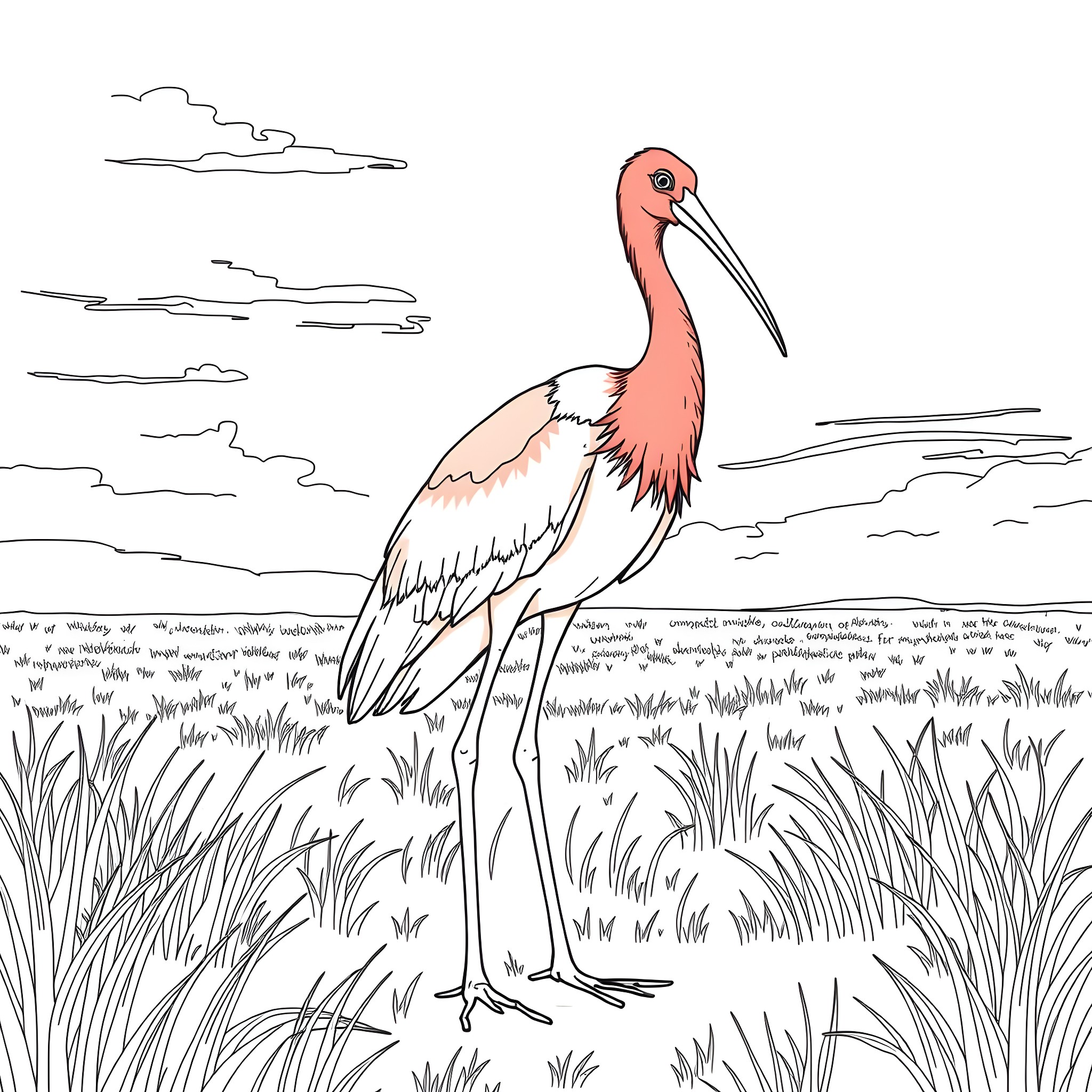Ibis standing tall in the meadow Coloring Page (free black-and-white line drawing printable PDF for all, from beginners to advanced learners, including children, teens, adults, and seniors)