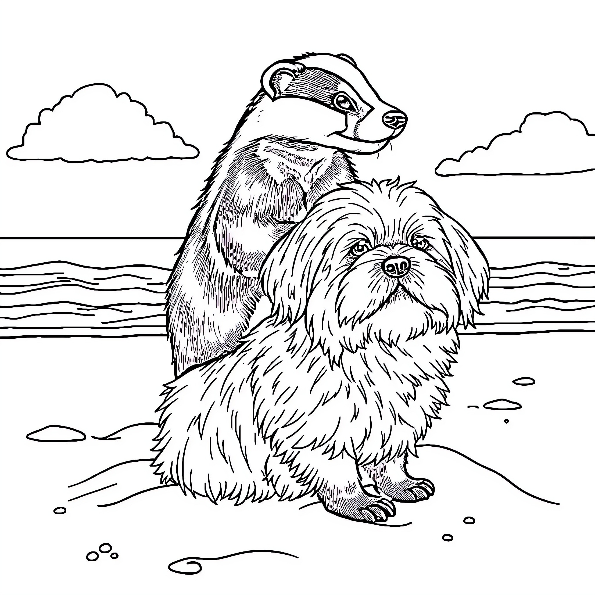 Honey Badger and Fluffy Dog at the Beach Coloring Page (free black-and-white line drawing printable PDF for all, from beginners to advanced learners, including children, teens, adults, and seniors)