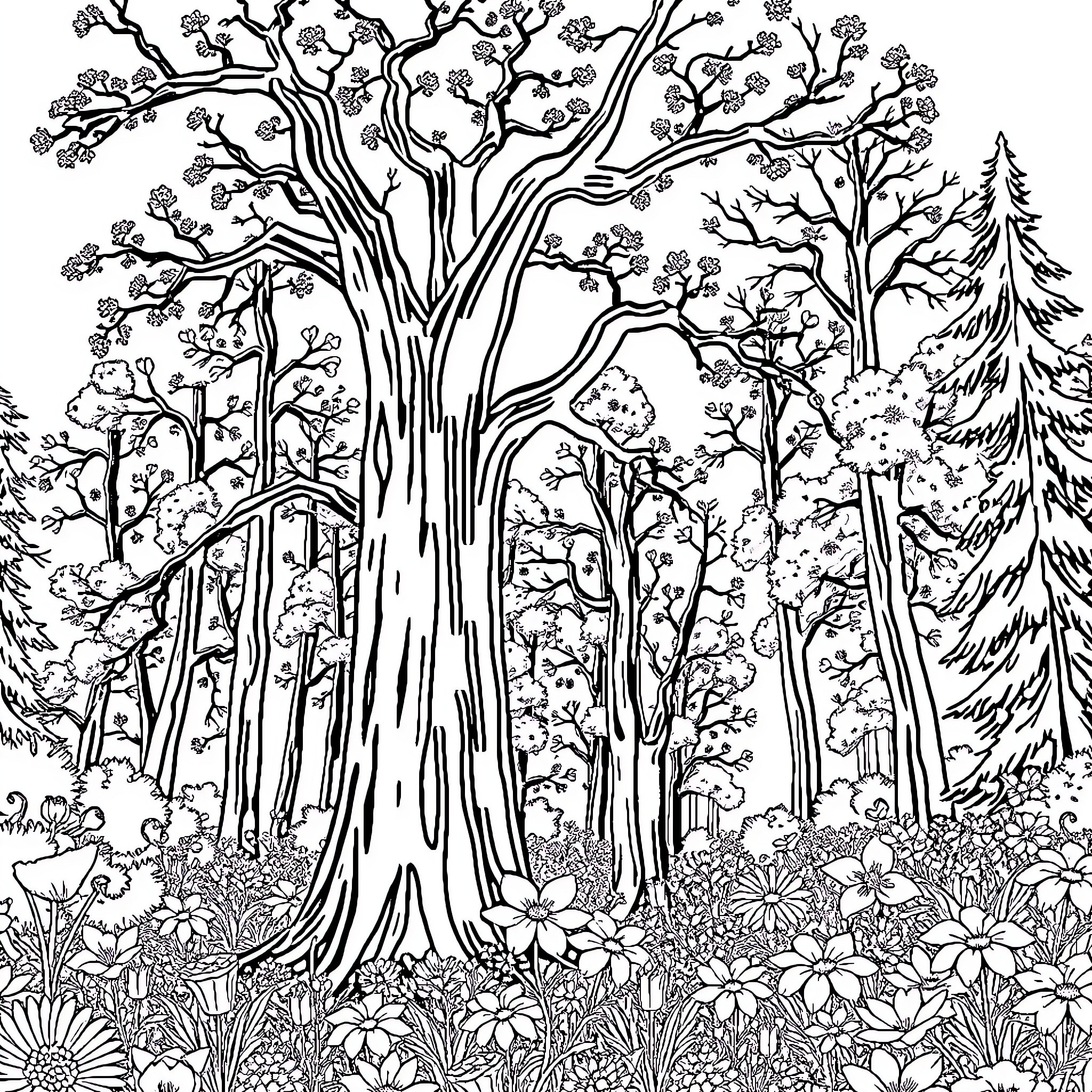 Forest Filled with Intricate Tree and Floral Illustrations Coloring Page (free black-and-white line drawing printable PDF for all, from beginners to advanced learners, including children, teens, adults, and seniors)