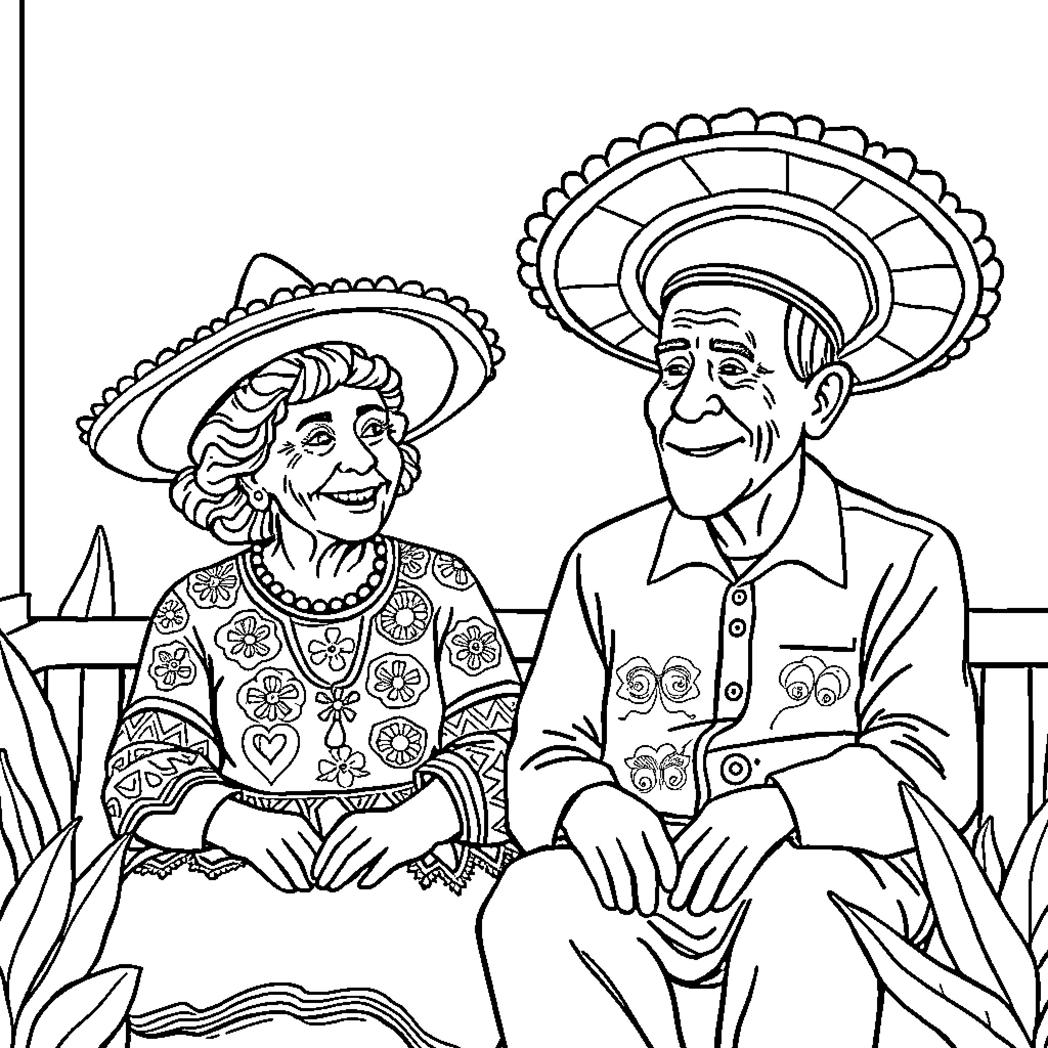 Grandparents Enjoying Time Together in Traditional Attire Coloring Page (free black-and-white line drawing printable PDF for all, from beginners to advanced learners, including children, teens, adults, and seniors)