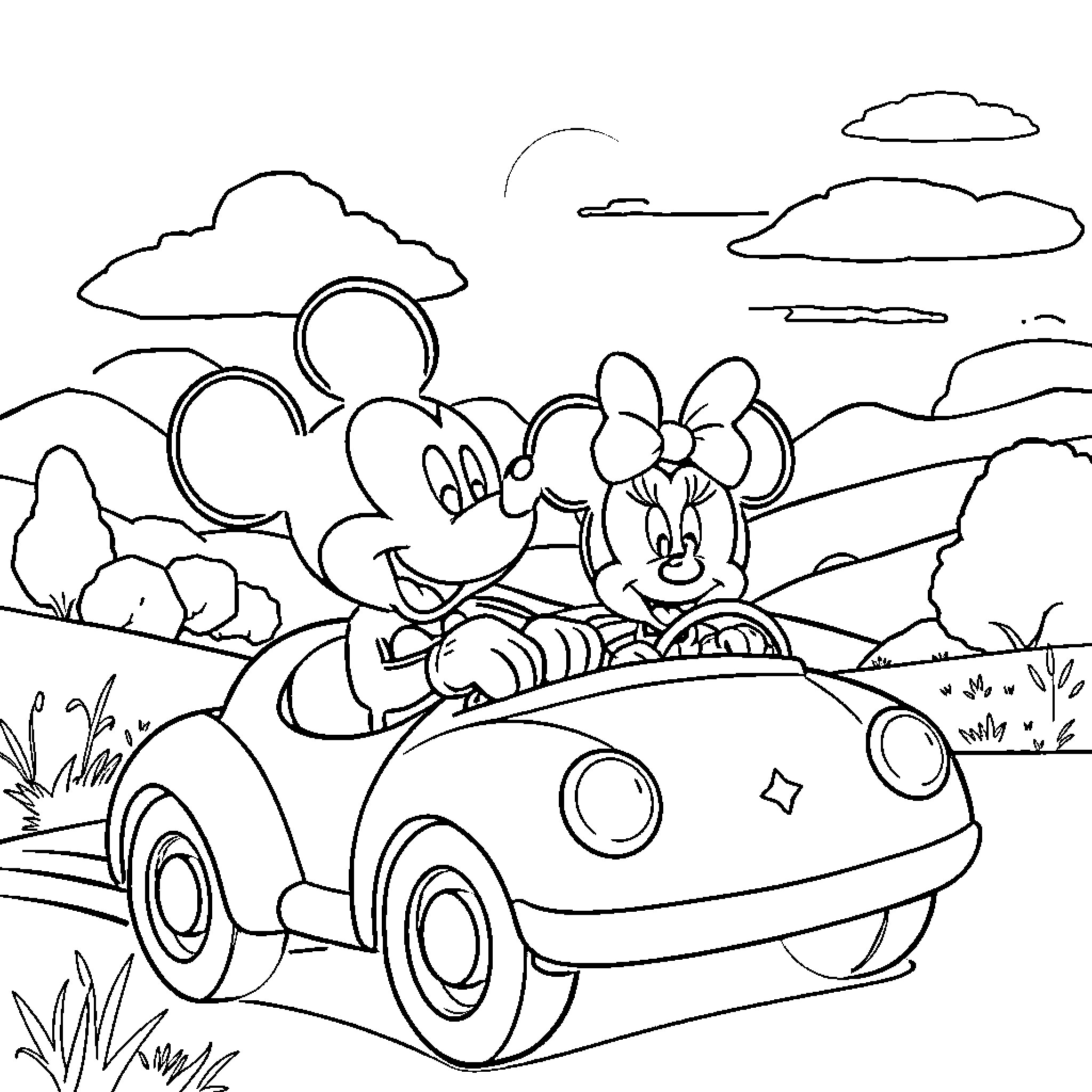 Mickey Mouse and Minnie Mouse driving a car Coloring Page (free black-and-white line drawing printable PDF for all, from beginners to advanced learners, including children, teens, adults, and seniors)