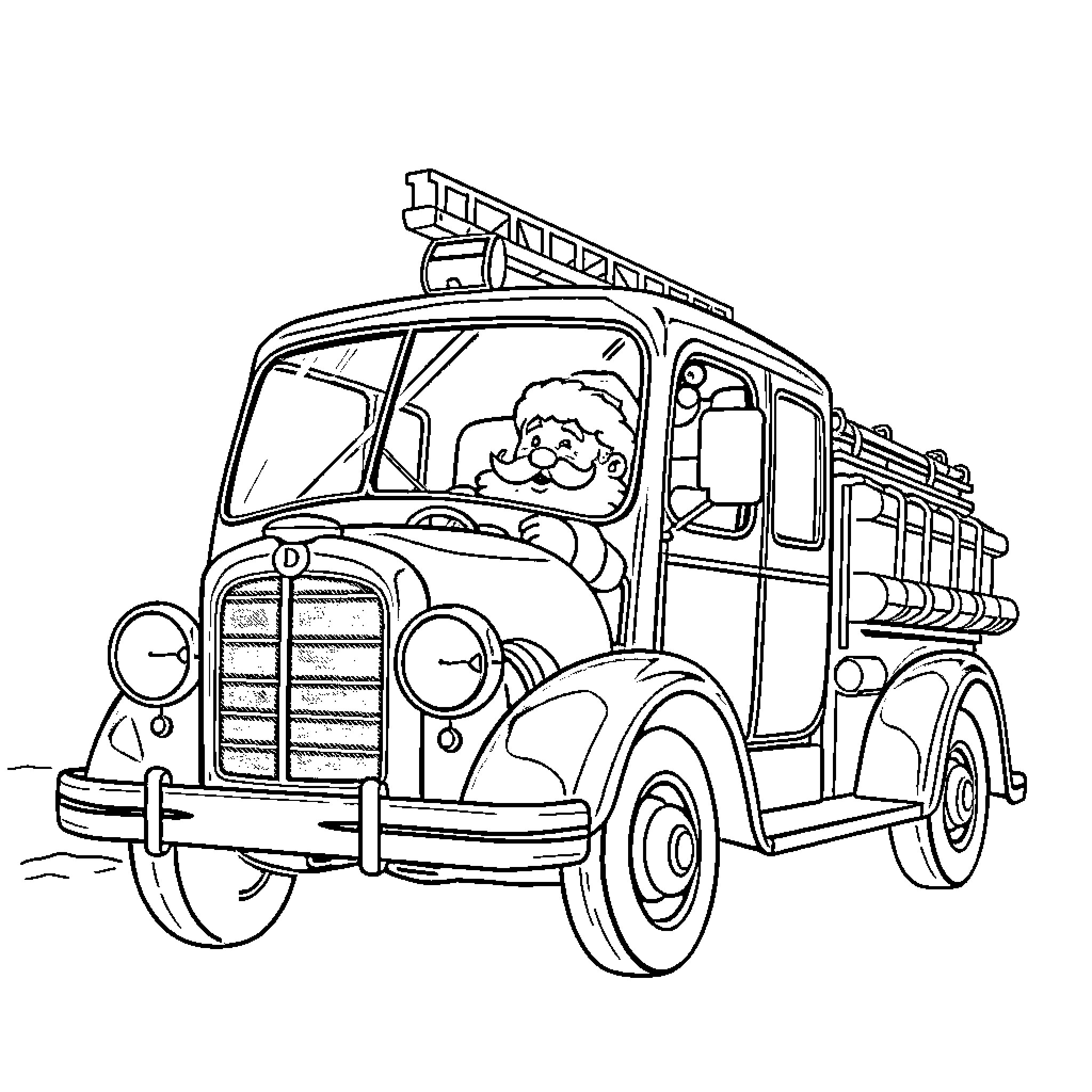 Fire Engine with Santa Claus Delivering Presents Coloring Page (free black-and-white line drawing printable PDF for all, from beginners to advanced learners, including children, teens, adults, and seniors)